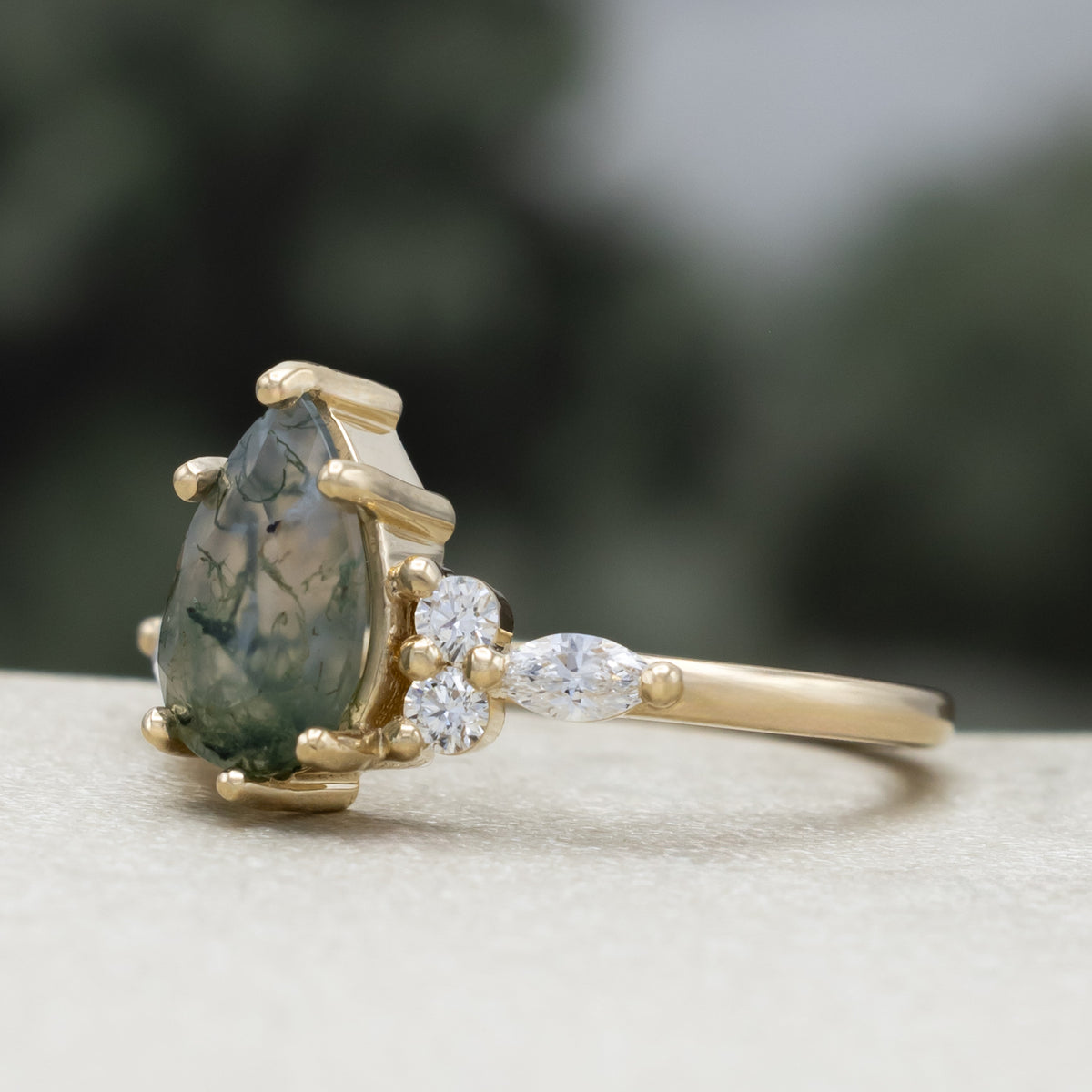 "Sage" - Pear Cut Moss Agate Engagement Ring With Diamond Accents-Staghead Designs