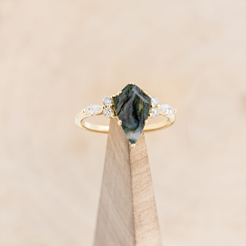 "SAGE" - KITE CUT MOSS AGATE ENGAGEMENT RING WITH DIAMOND ACCENTS & EMERALD TRACER