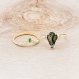 "SAGE" - KITE CUT MOSS AGATE ENGAGEMENT RING WITH DIAMOND ACCENTS & EMERALD TRACER