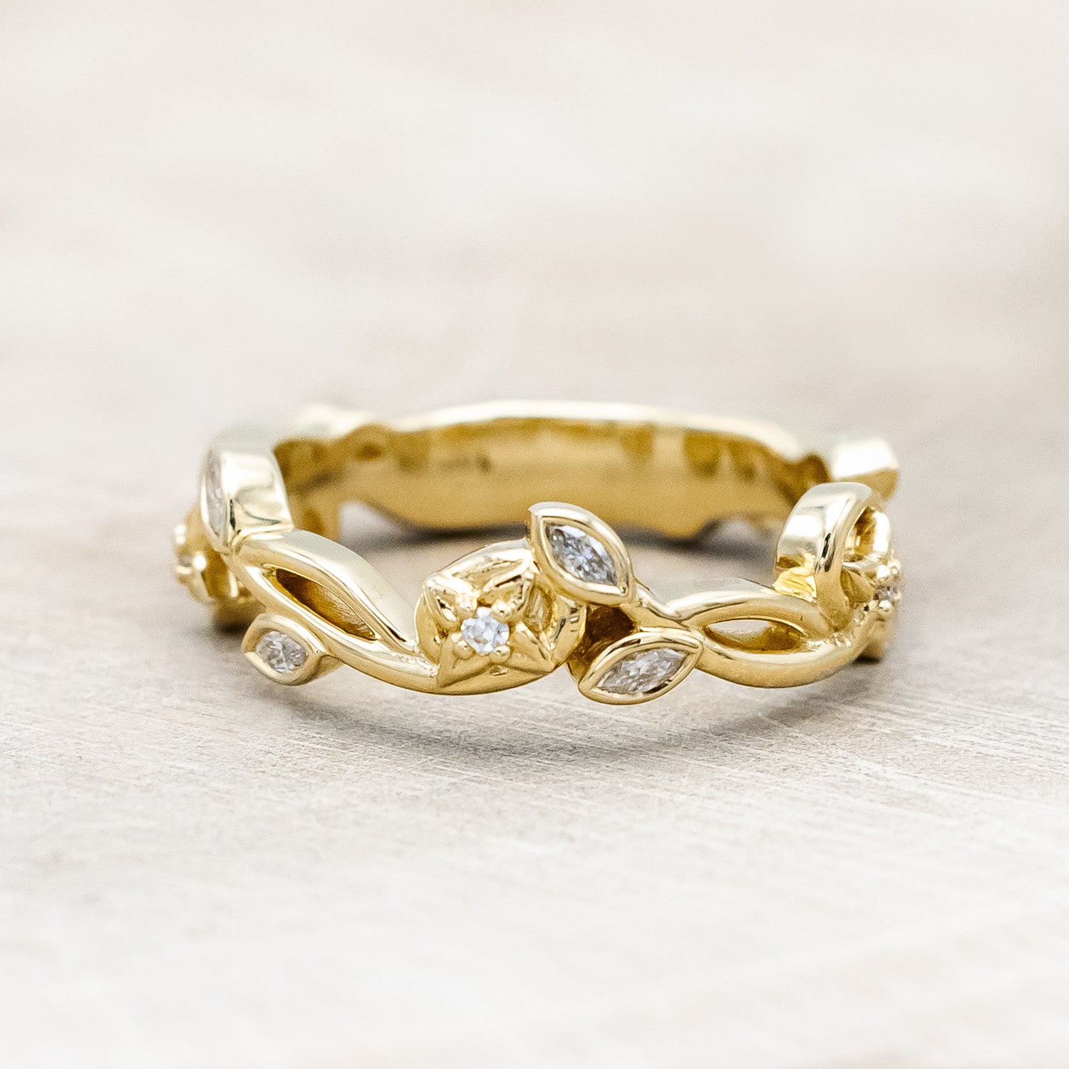 "Elowen" - sculptural-style vine & floral filigree band with diamond accents