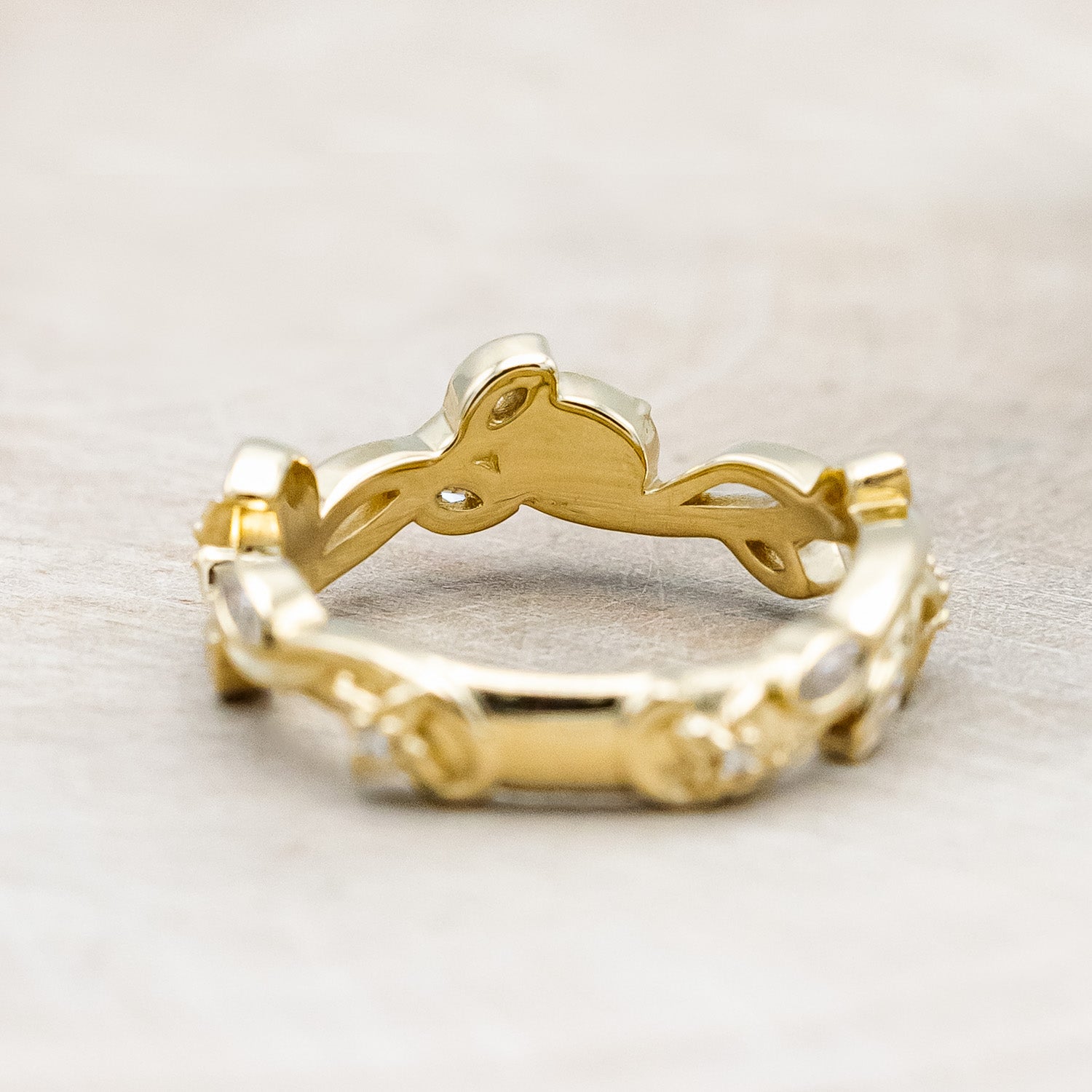 Back view of "Elowen" - sculptural-style vine & floral filigree band with diamond accents