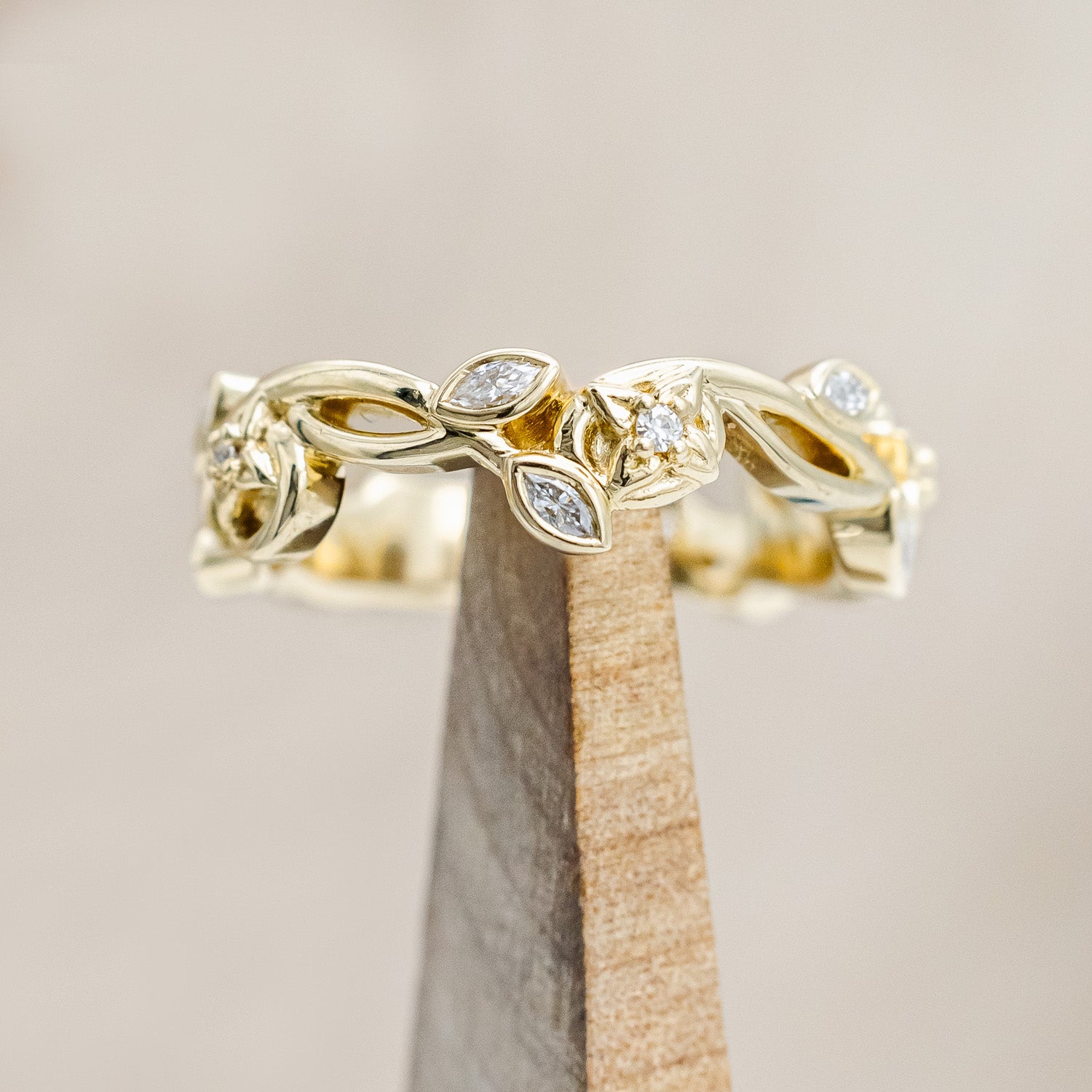 "Elowen" - sculptural-style vine & floral filigree band with diamond accents