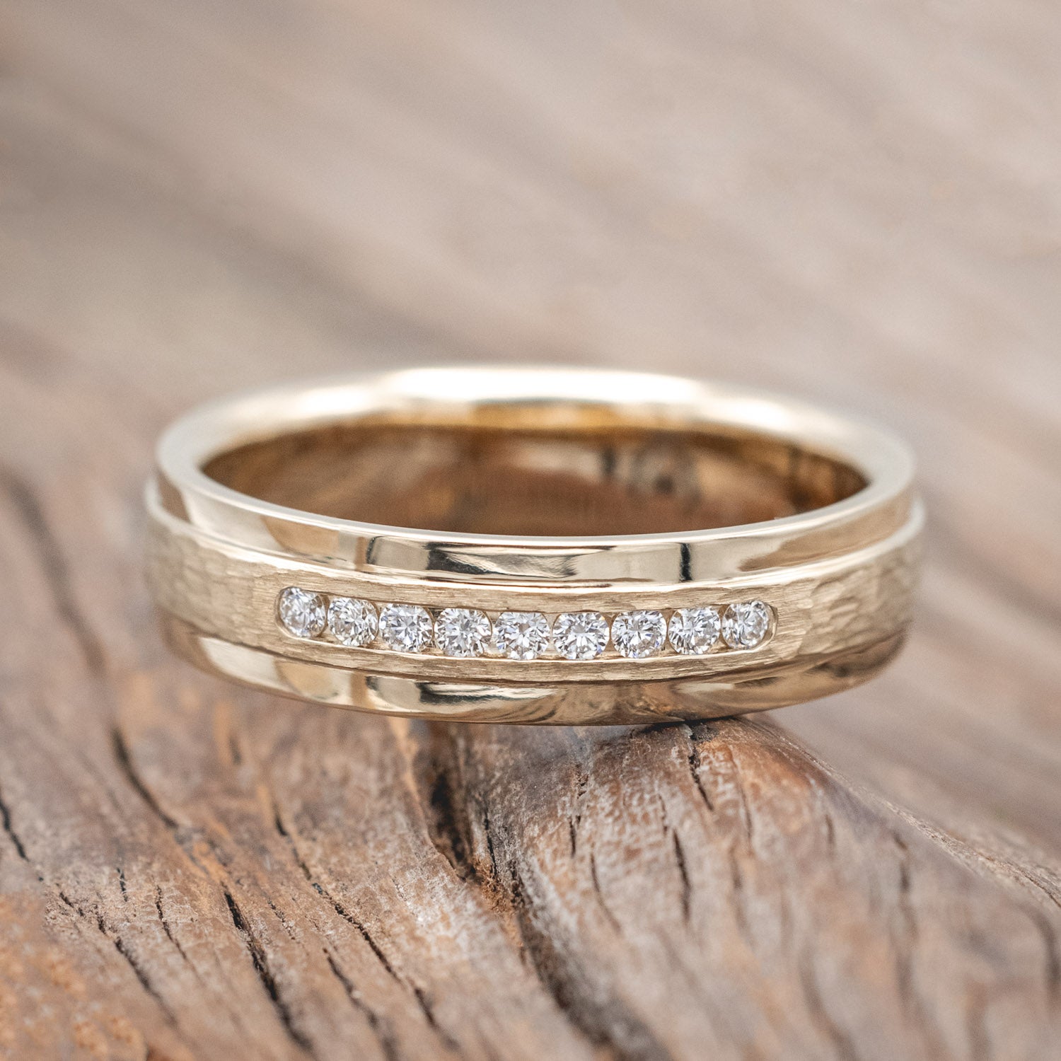 "Sedona" - men's wedding ring featuring a raised, hammered center with diamond accents