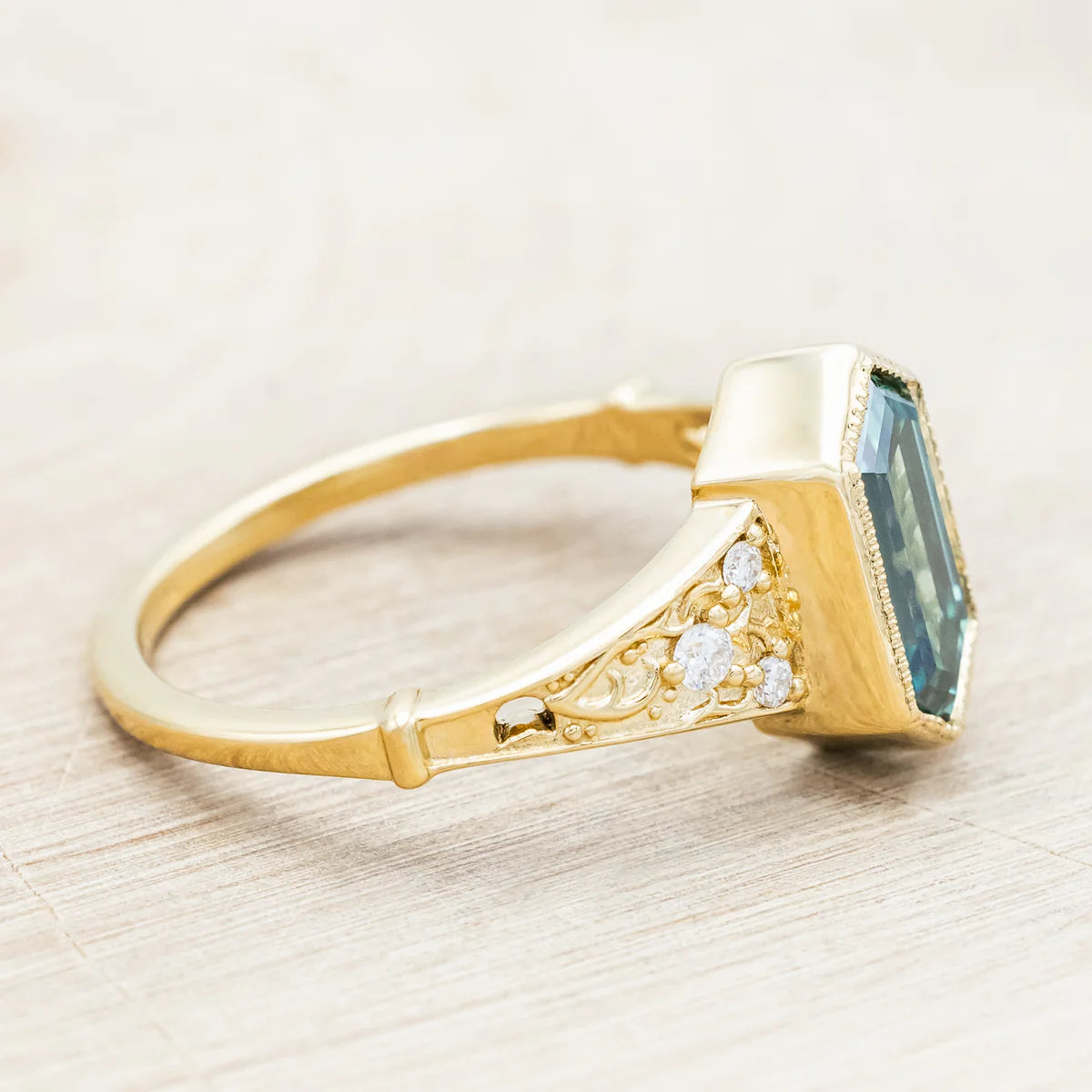 "Estelle" - Elongated Hexagon Cut Green Moissanite Engagement Ring With Crescent Moon & Diamond Accents - 14K Yellow Gold - Size 3 3/4