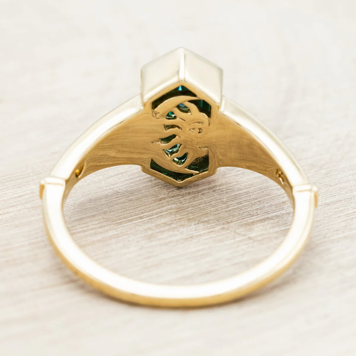 "Estelle" - Elongated Hexagon Cut Green Moissanite Engagement Ring With Crescent Moon & Diamond Accents - 14K Yellow Gold - Size 3 3/4