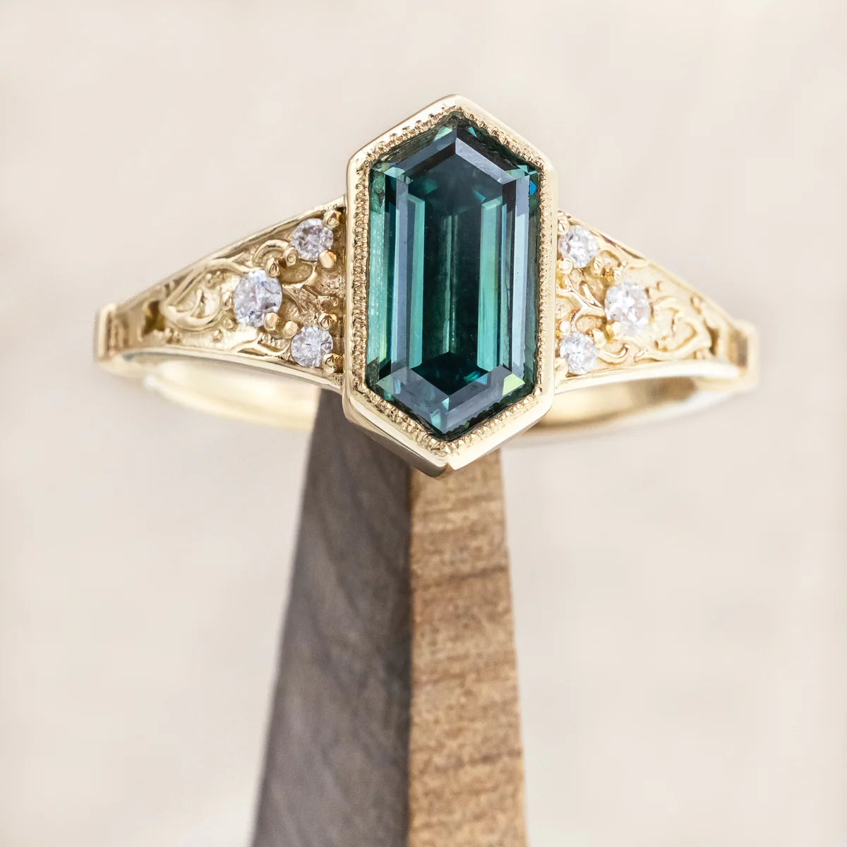 "Estelle" - Elongated Hexagon Cut Green Moissanite Engagement Ring With Crescent Moon & Diamond Accents - 14K Yellow Gold - Size 3 3/4