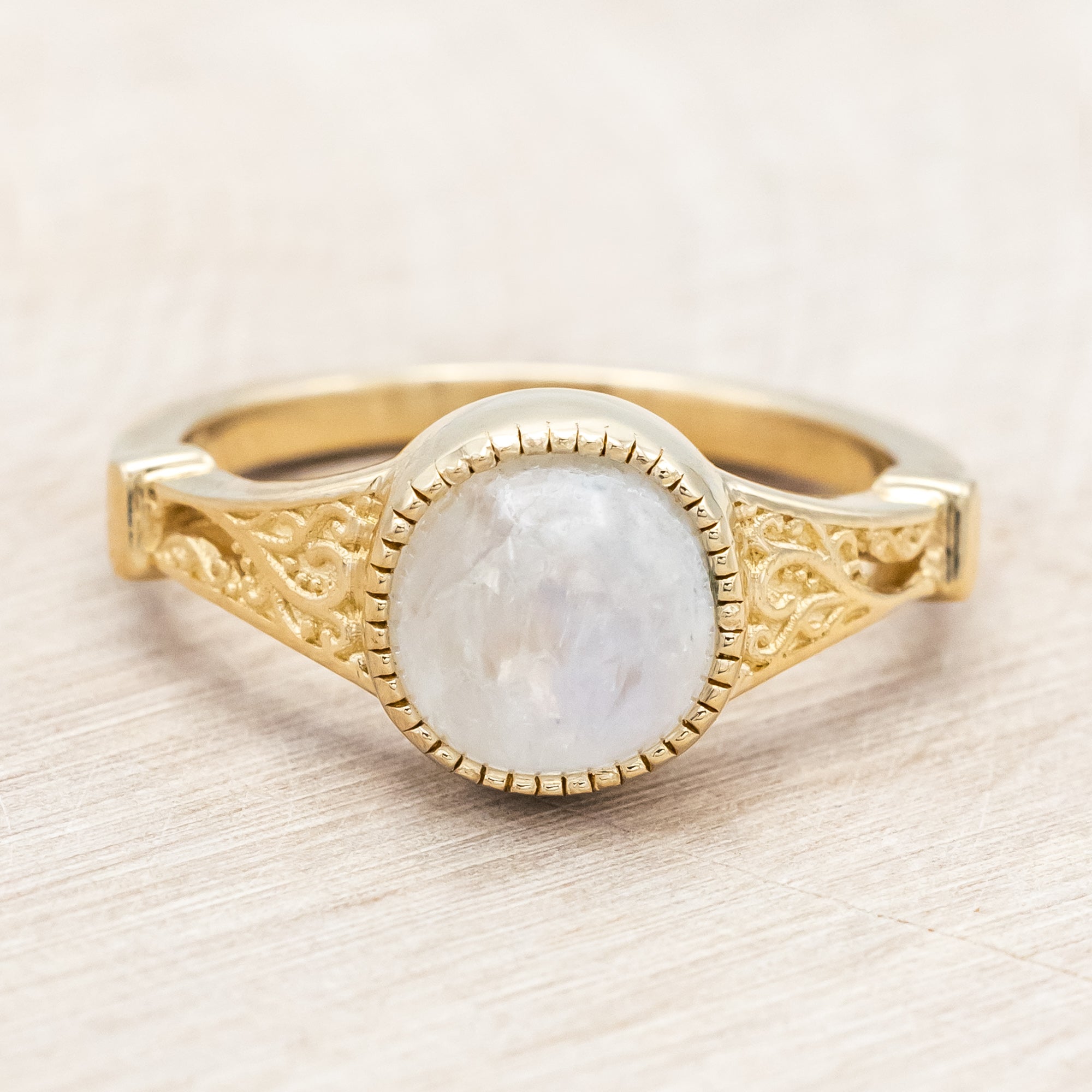 "SELENE" - ROUND CUT ENGAGEMENT RING WITH FILIGREE AND CRESCENT MOON ACCENTS-Staghead Designs