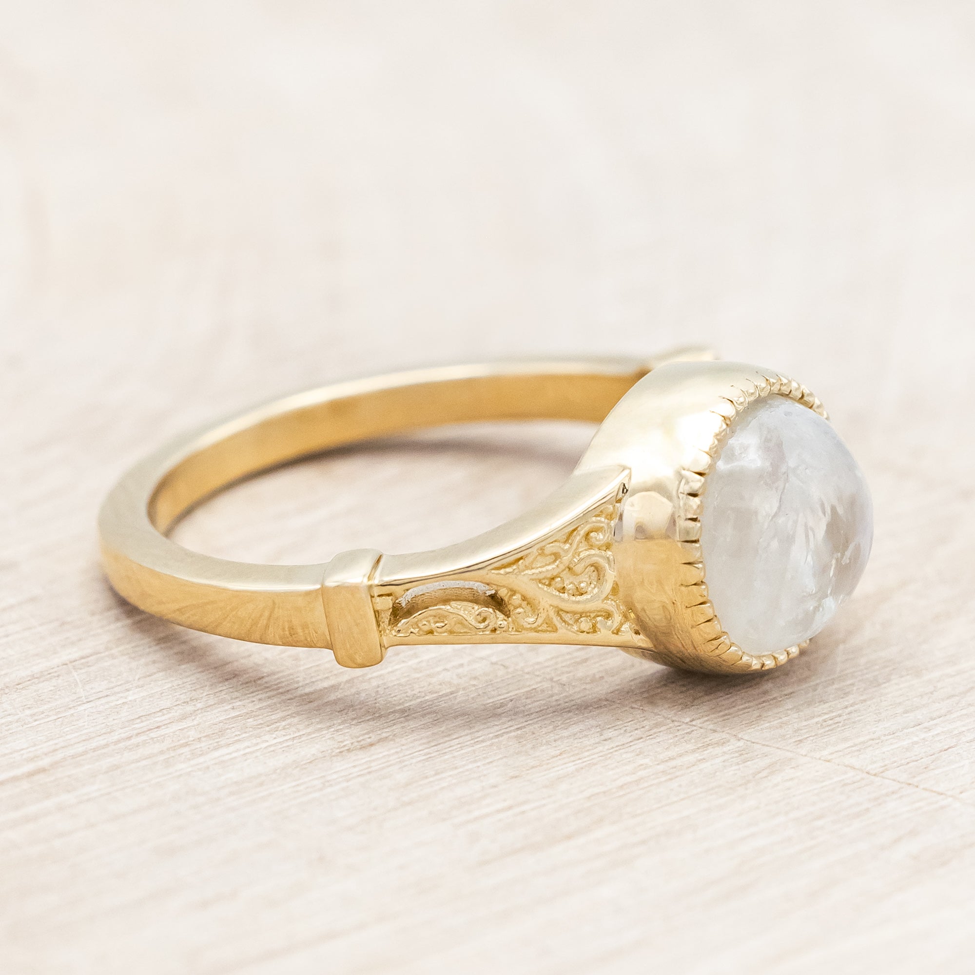 "SELENE" - ROUND CUT ENGAGEMENT RING WITH FILIGREE AND CRESCENT MOON ACCENTS-Staghead Designs