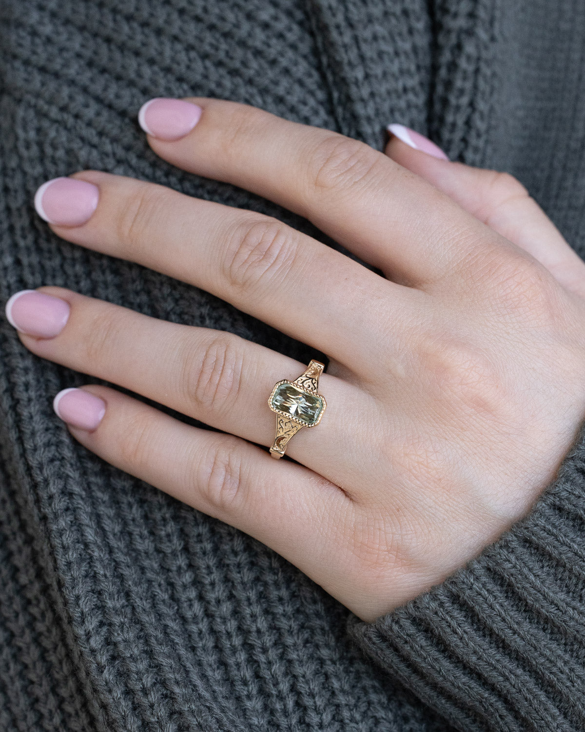 ONE-OF-A-KIND - "SELENE" - RADIANT CUT NATURAL GREEN SAPPHIRE ENGAGEMENT RING-Staghead Designs