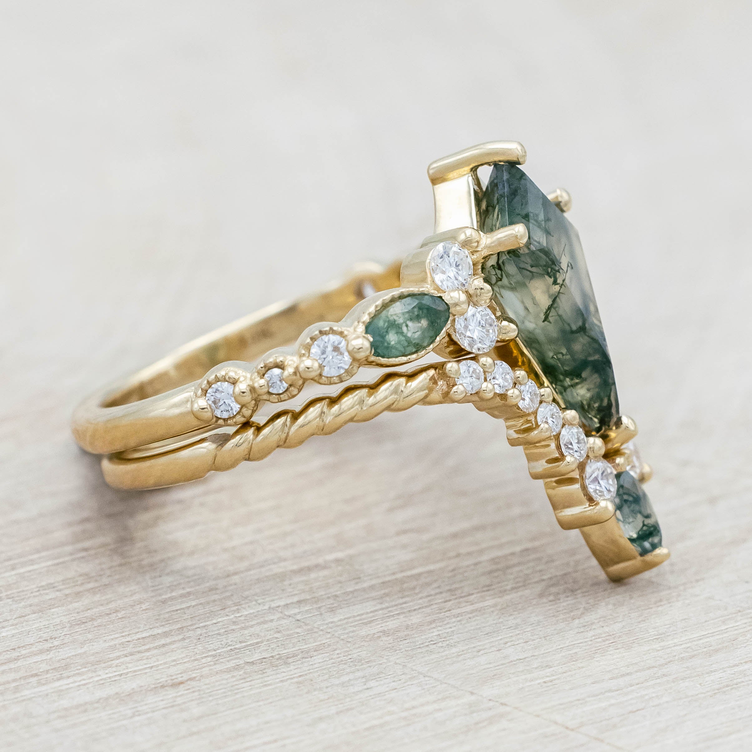 "SHIMMERING SAGE" - BRIDAL SUITE - KITE CUT MOSS AGATE ENGAGEMENT RING WITH MARQUISE MOSS AGATE ACCENTS & A DIAMOND TRACER-Staghead Designs