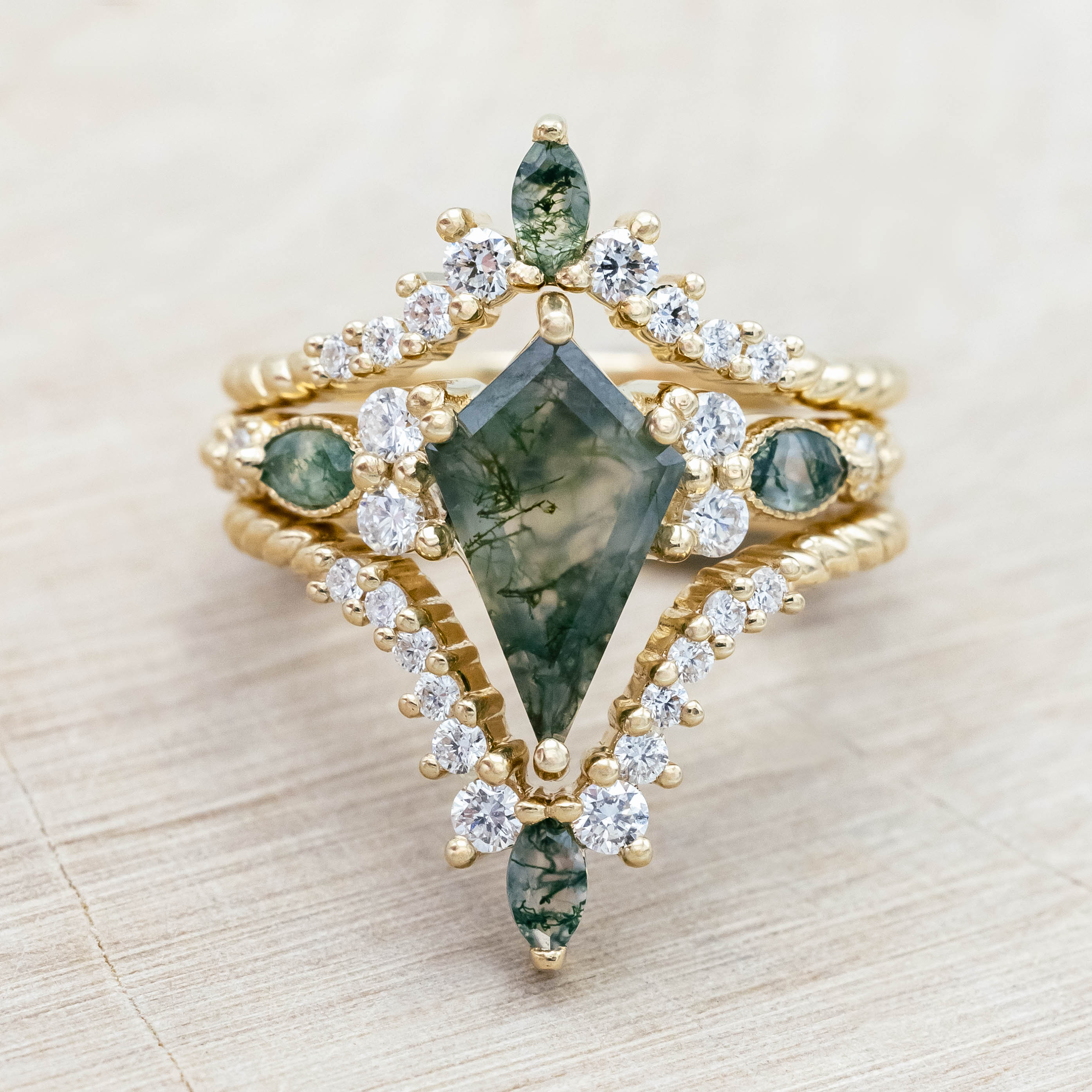 "SHIMMERING SAGE" - BRIDAL SUITE - KITE CUT MOSS AGATE ENGAGEMENT RING WITH MARQUISE MOSS AGATE ACCENTS & A DIAMOND TRACER-Staghead Designs