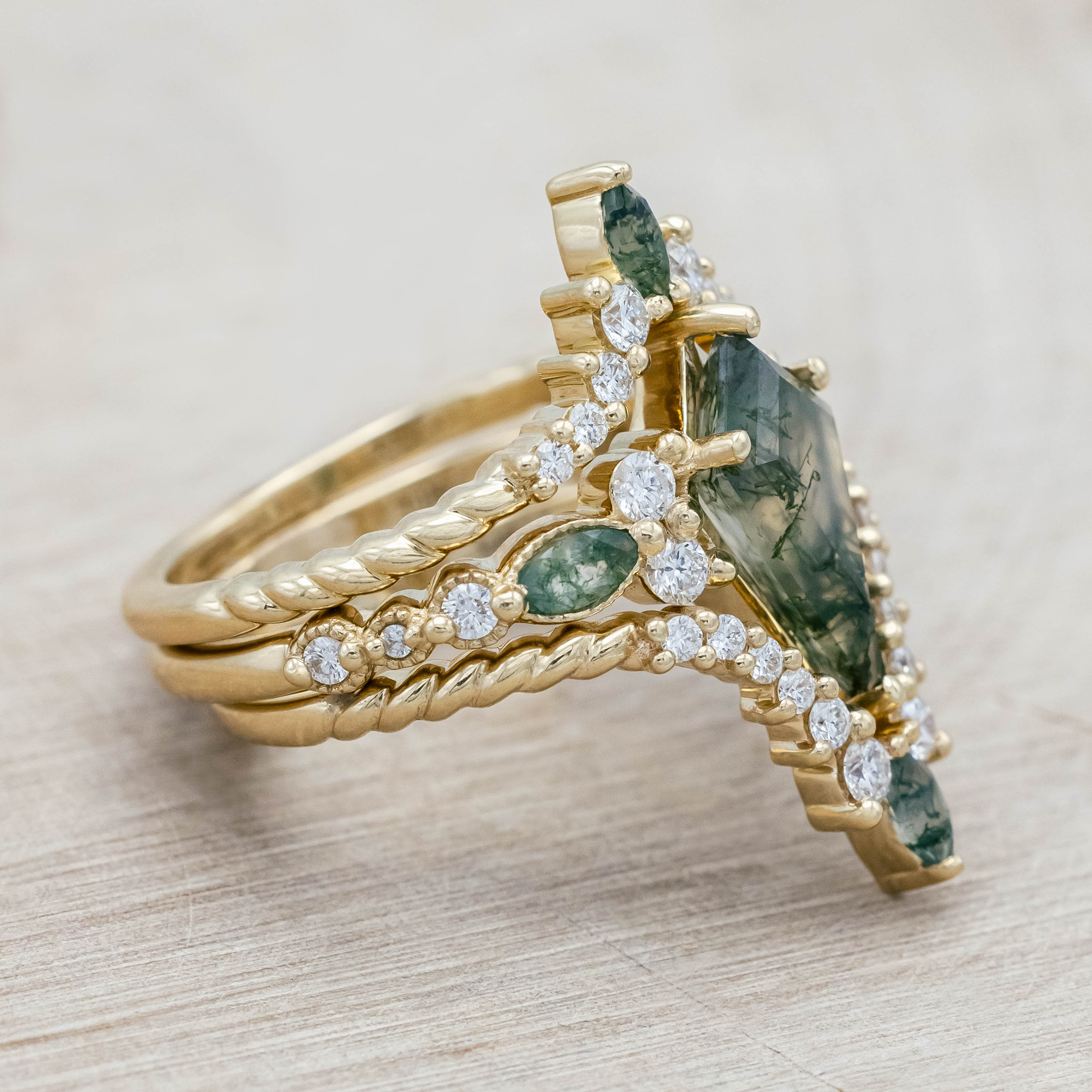 "SHIMMERING SAGE" - BRIDAL SUITE - KITE CUT MOSS AGATE ENGAGEMENT RING WITH MARQUISE MOSS AGATE ACCENTS & A DIAMOND TRACER-Staghead Designs