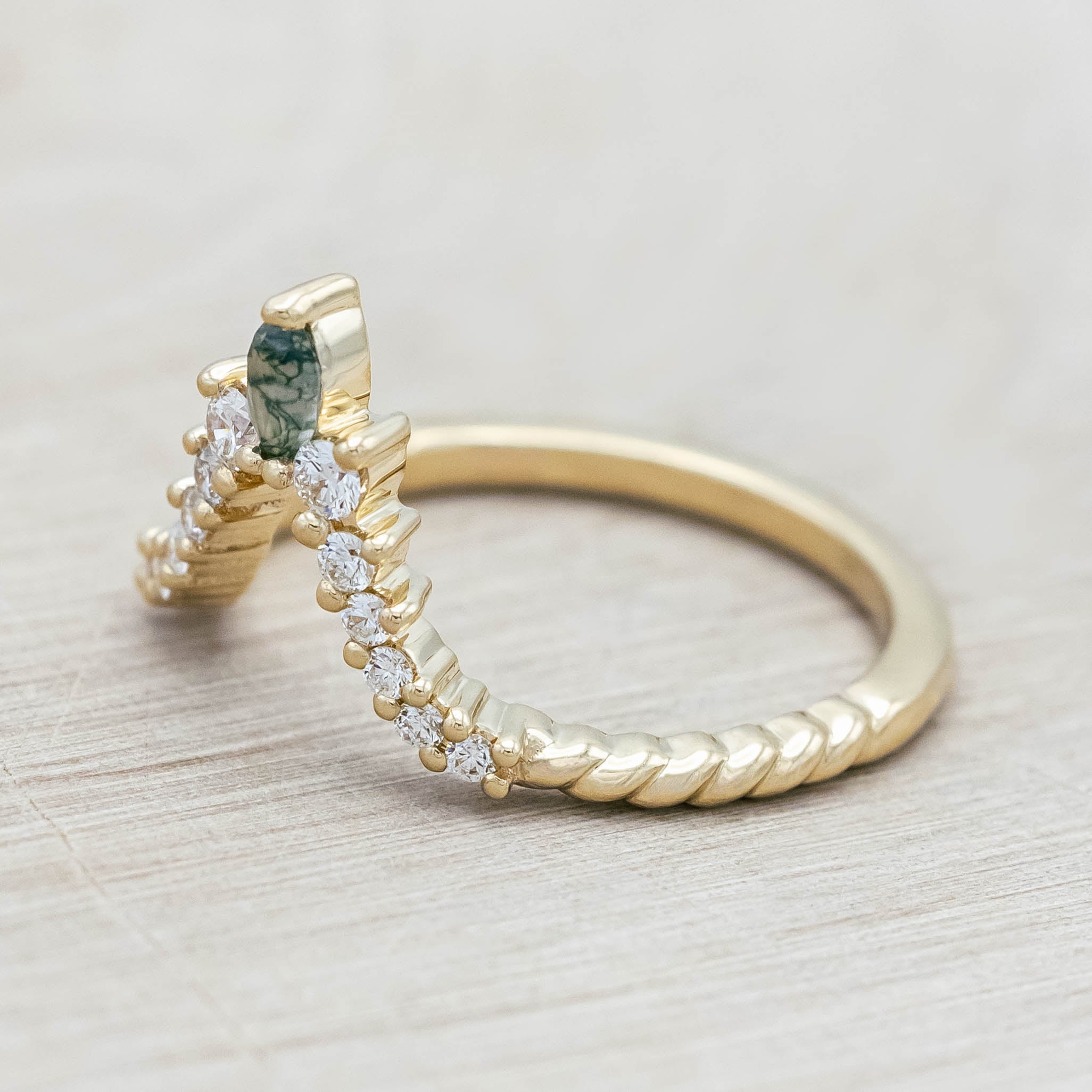 "SHIMMERING SAGE" - BRIDAL SUITE - KITE CUT MOSS AGATE ENGAGEMENT RING WITH MARQUISE MOSS AGATE ACCENTS & A DIAMOND TRACER-Staghead Designs