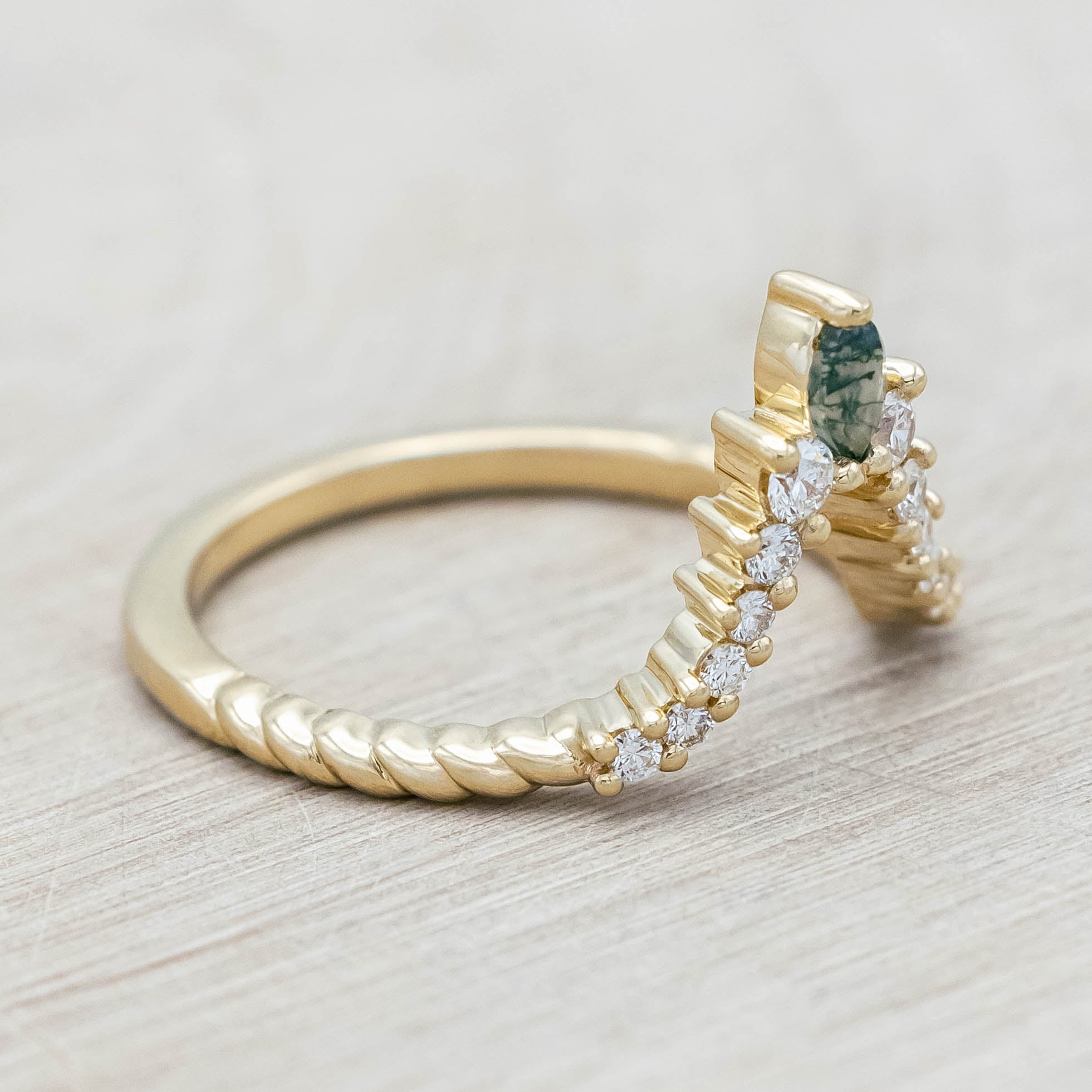 "SHIMMERING SAGE" - BRIDAL SUITE - KITE CUT MOSS AGATE ENGAGEMENT RING WITH MARQUISE MOSS AGATE ACCENTS & A DIAMOND TRACER-Staghead Designs