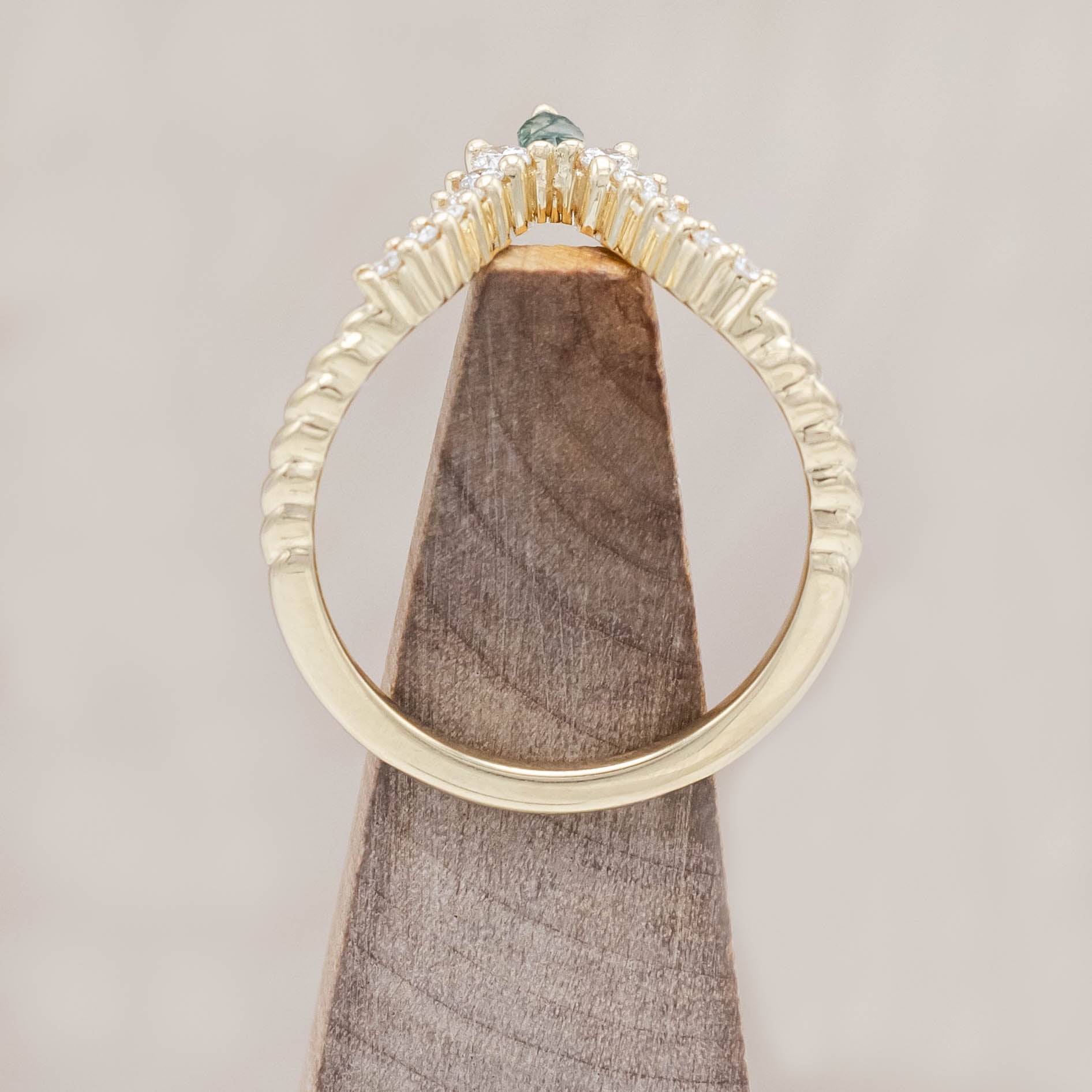 "SHIMMERING SAGE" - BRIDAL SUITE - KITE CUT MOSS AGATE ENGAGEMENT RING WITH MARQUISE MOSS AGATE ACCENTS & A DIAMOND TRACER-Staghead Designs