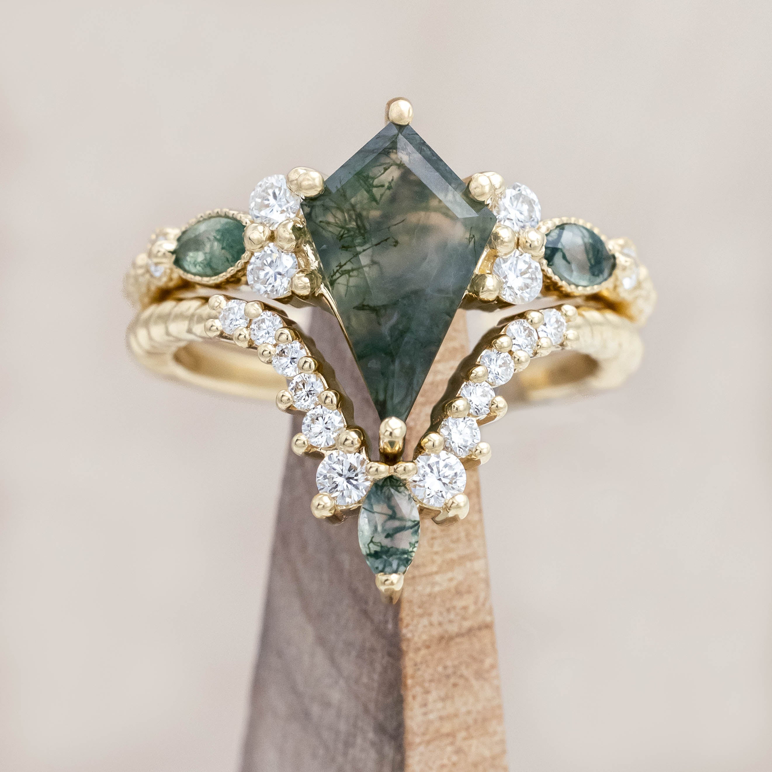 "SHIMMERING SAGE" - BRIDAL SUITE - KITE CUT MOSS AGATE ENGAGEMENT RING WITH MARQUISE MOSS AGATE ACCENTS & A DIAMOND TRACER-Staghead Designs