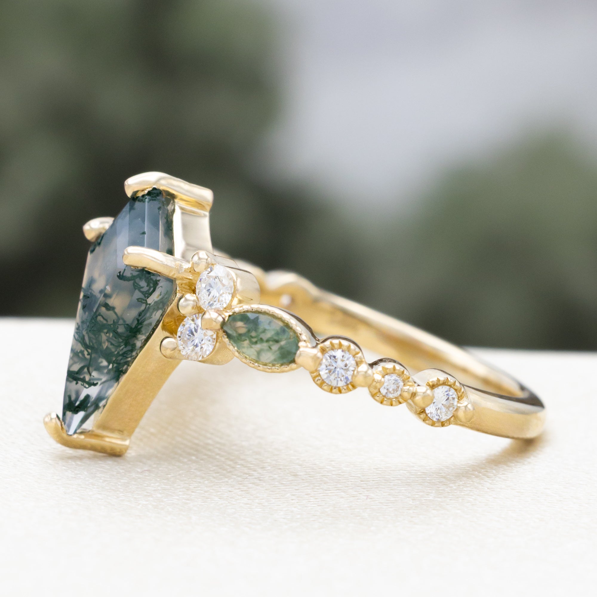 "SHIMMERING SAGE" - BRIDAL SUITE - KITE CUT MOSS AGATE ENGAGEMENT RING WITH MARQUISE MOSS AGATE ACCENTS & A DIAMOND TRACER-Staghead Designs