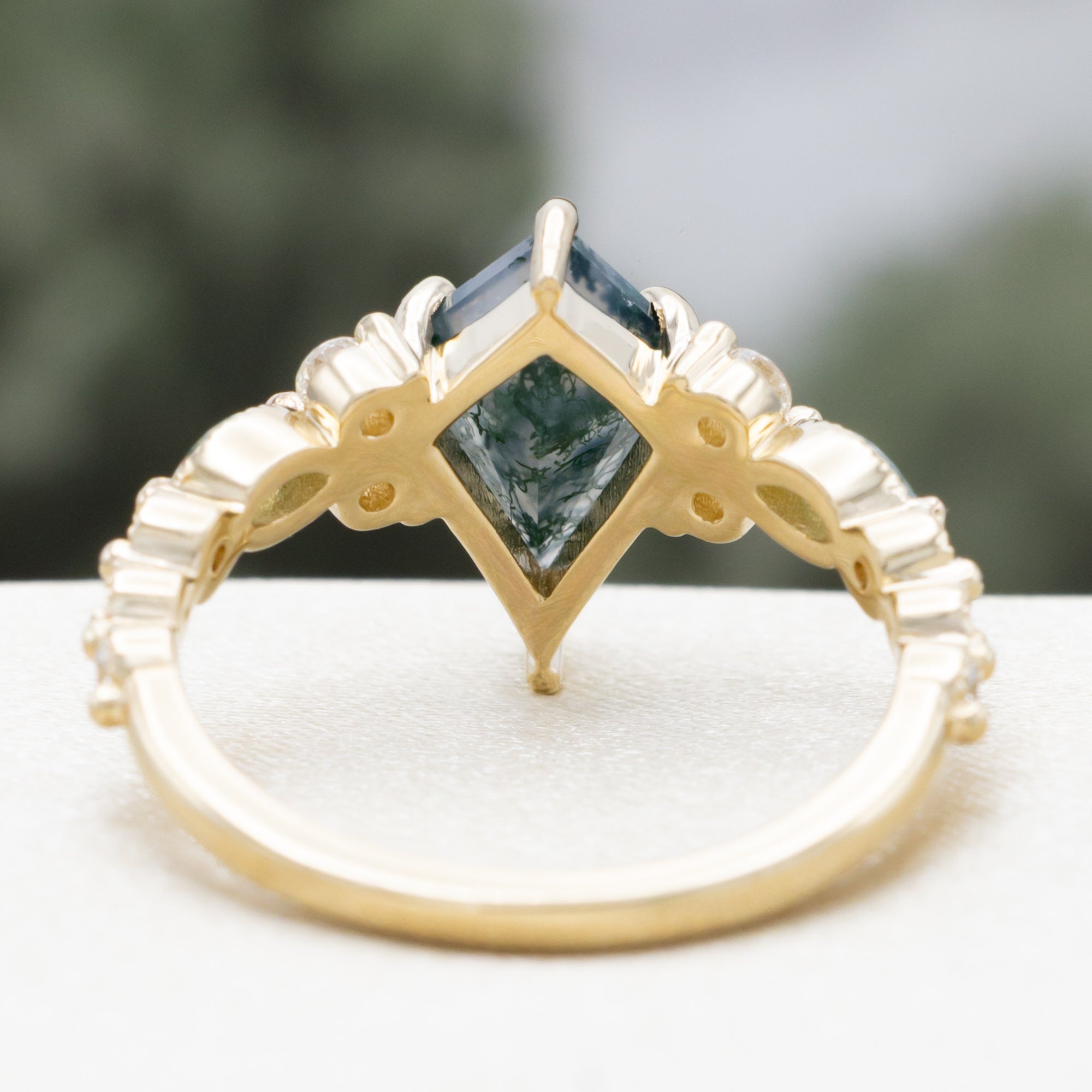 "SHIMMERING SAGE" - BRIDAL SUITE - KITE CUT MOSS AGATE ENGAGEMENT RING WITH MARQUISE MOSS AGATE ACCENTS & A DIAMOND TRACER-Staghead Designs