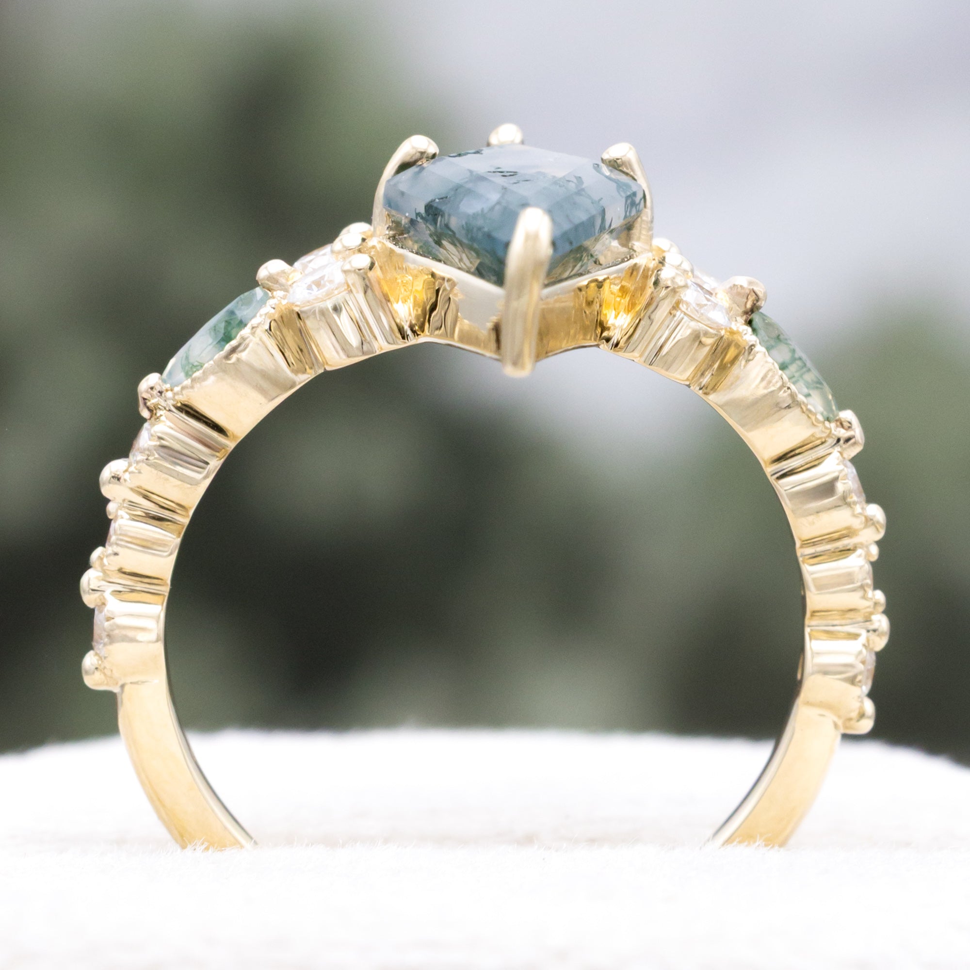 "SHIMMERING SAGE" - BRIDAL SUITE - KITE CUT MOSS AGATE ENGAGEMENT RING WITH MARQUISE MOSS AGATE ACCENTS & A DIAMOND TRACER-Staghead Designs