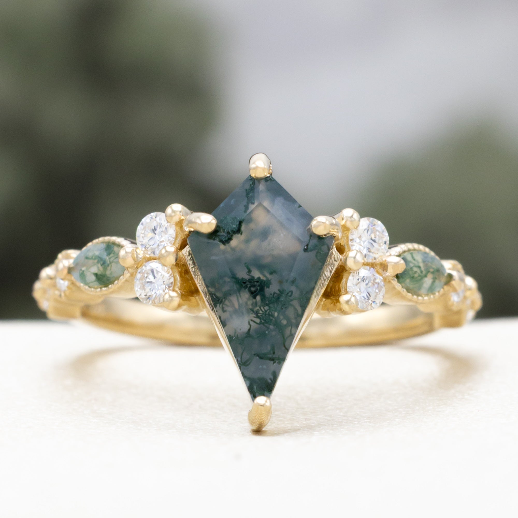 "SHIMMERING SAGE" - BRIDAL SUITE - KITE CUT MOSS AGATE ENGAGEMENT RING WITH MARQUISE MOSS AGATE ACCENTS & A DIAMOND TRACER-Staghead Designs