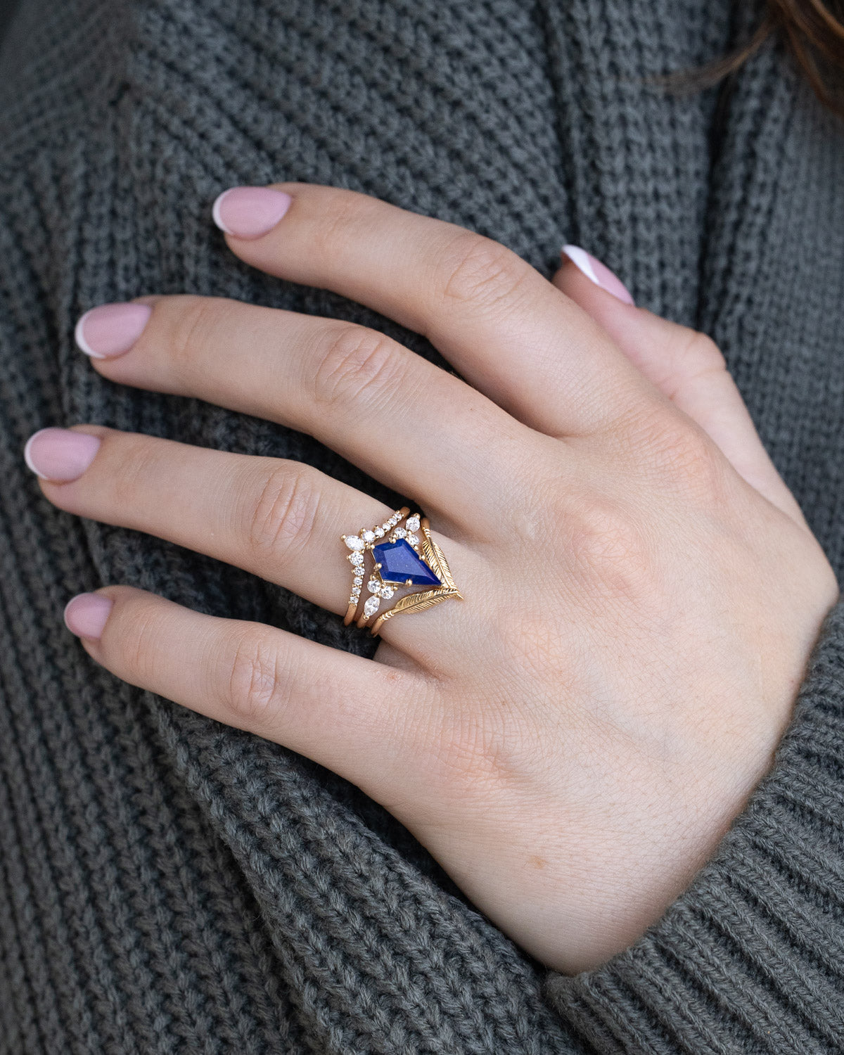 On hand picture of "Sage" lapis lazuli engagement ring