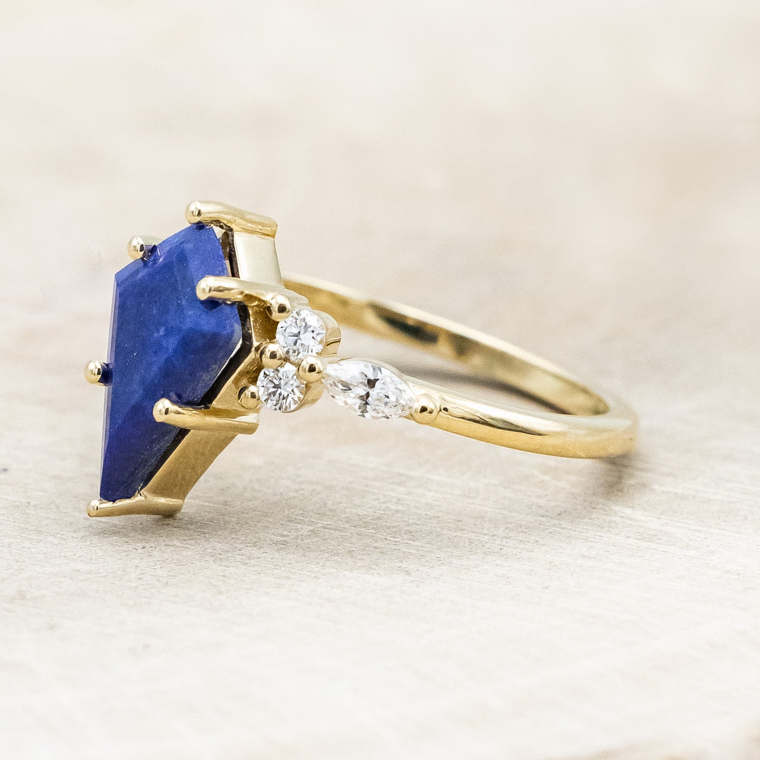 "Sage" a bridal suite-style lapis lazuli women's engagement ring with diamond accents