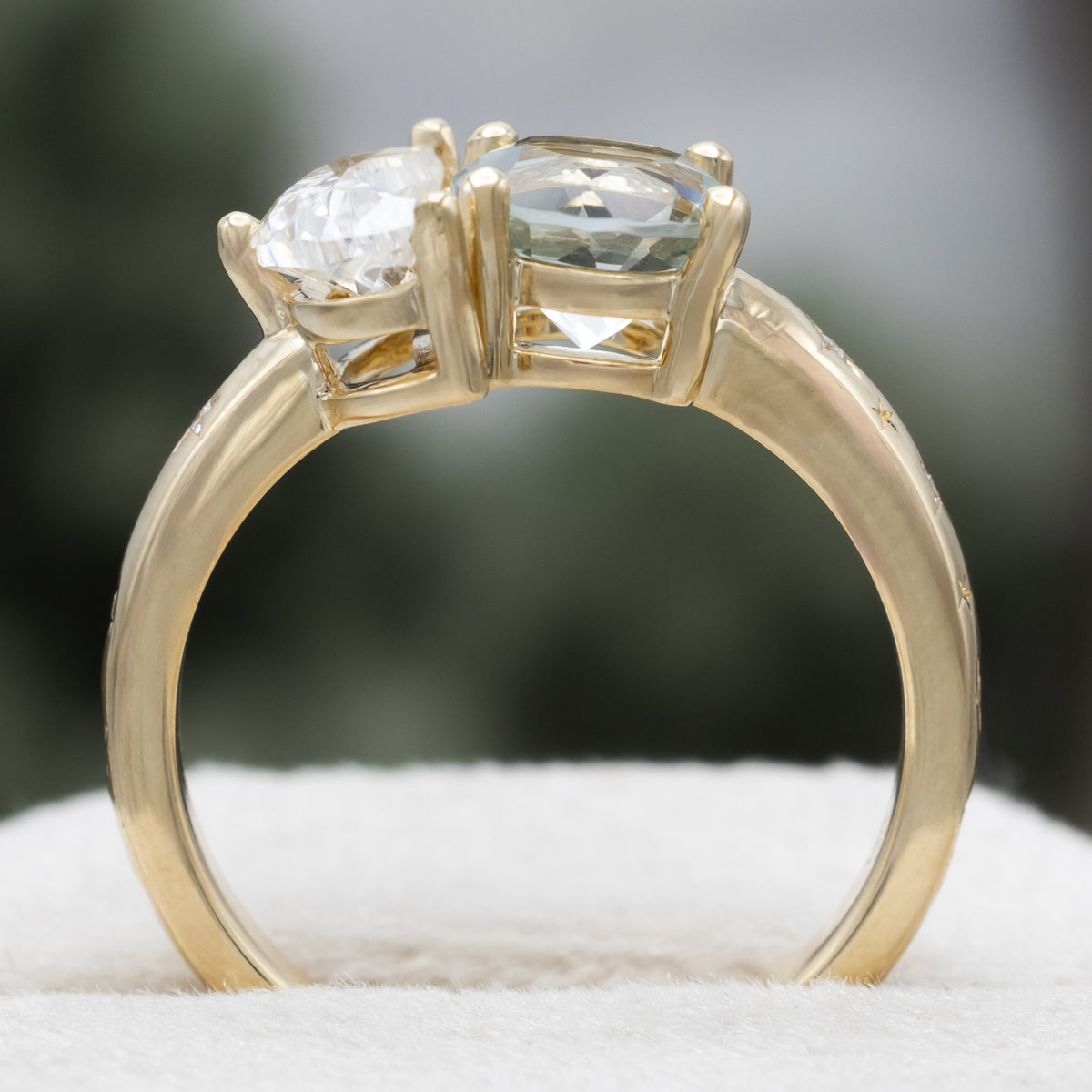 "Sidra" - Toi Et Moi Green Prasiolite Engagement Ring With Crescent Moon Moissanite-Staghead Designs
