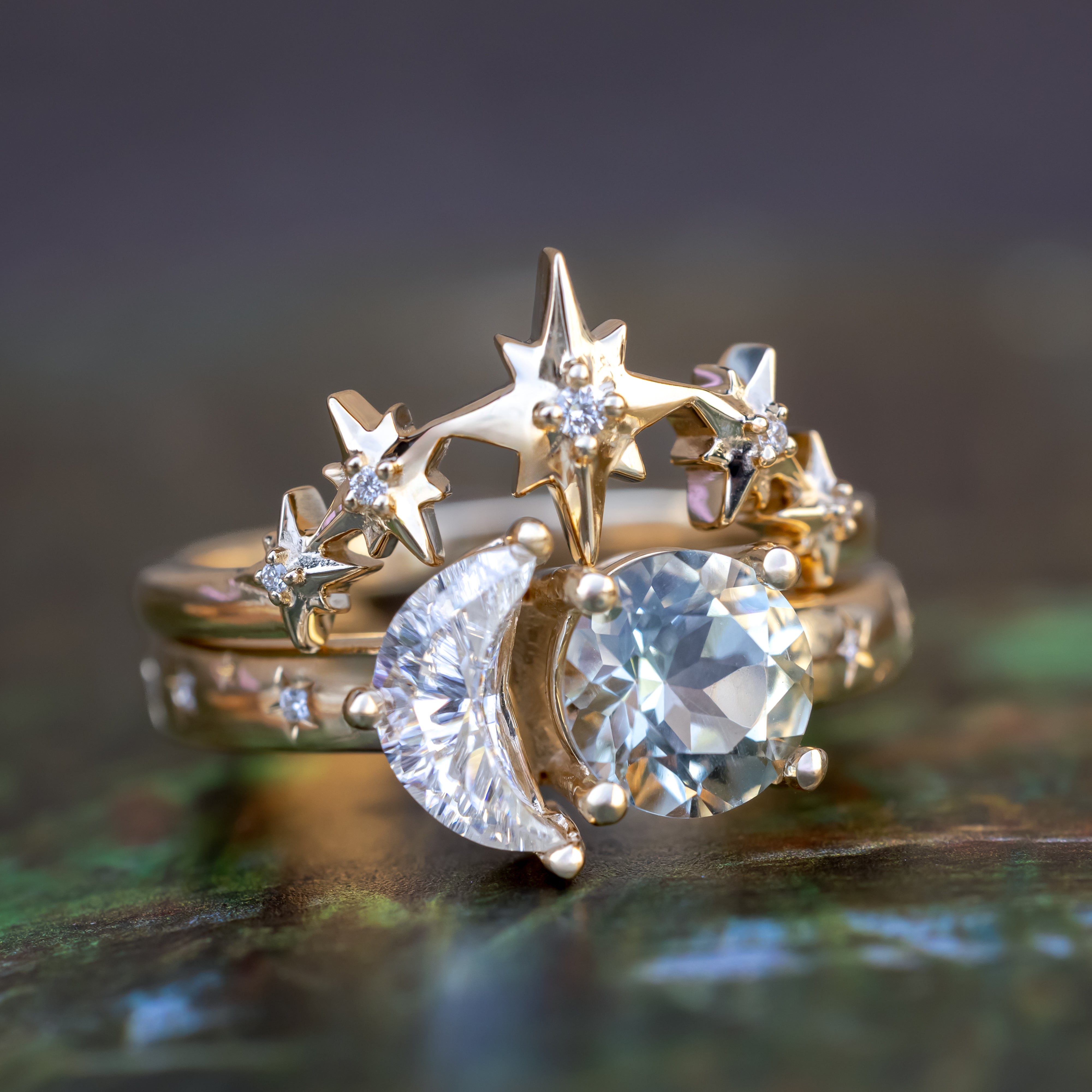 "Sidra" - Toi Et Moi Green Prasiolite Engagement Ring With Crescent Moon Moissanite-Staghead Designs