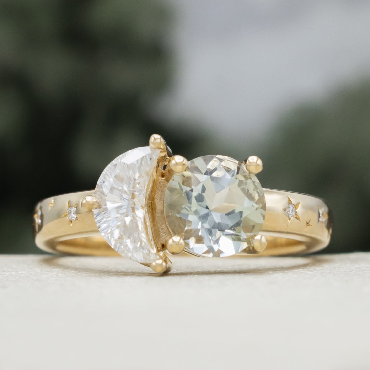 "Sidra" - Toi Et Moi Green Prasiolite Engagement Ring With Crescent Moon Moissanite-Staghead Designs