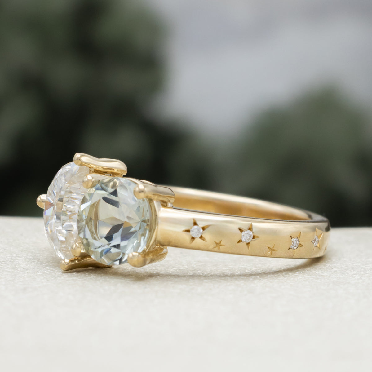 "Sidra" - Toi Et Moi Green Prasiolite Engagement Ring With Crescent Moon Moissanite-Staghead Designs