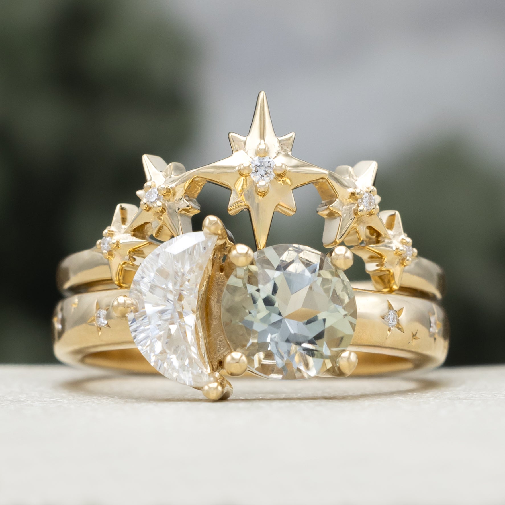 "Sidra" - Toi Et Moi Green Prasiolite Engagement Ring With Crescent Moon Moissanite-Staghead Designs