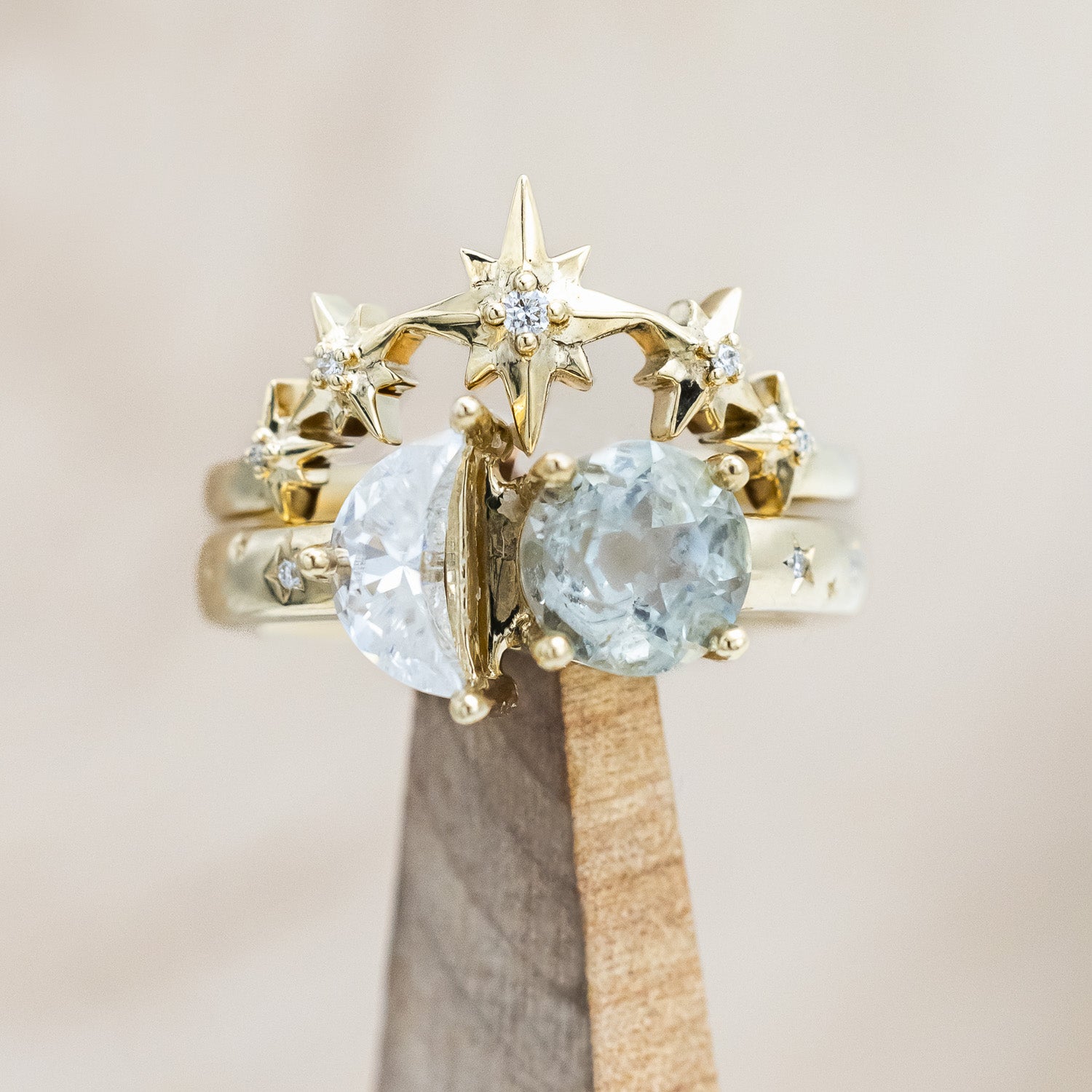 "Sidra" - toi et moi round cut green prasiolite women's engagement ring with a crescent moon moissanite accent, and celestial style diamond tracer