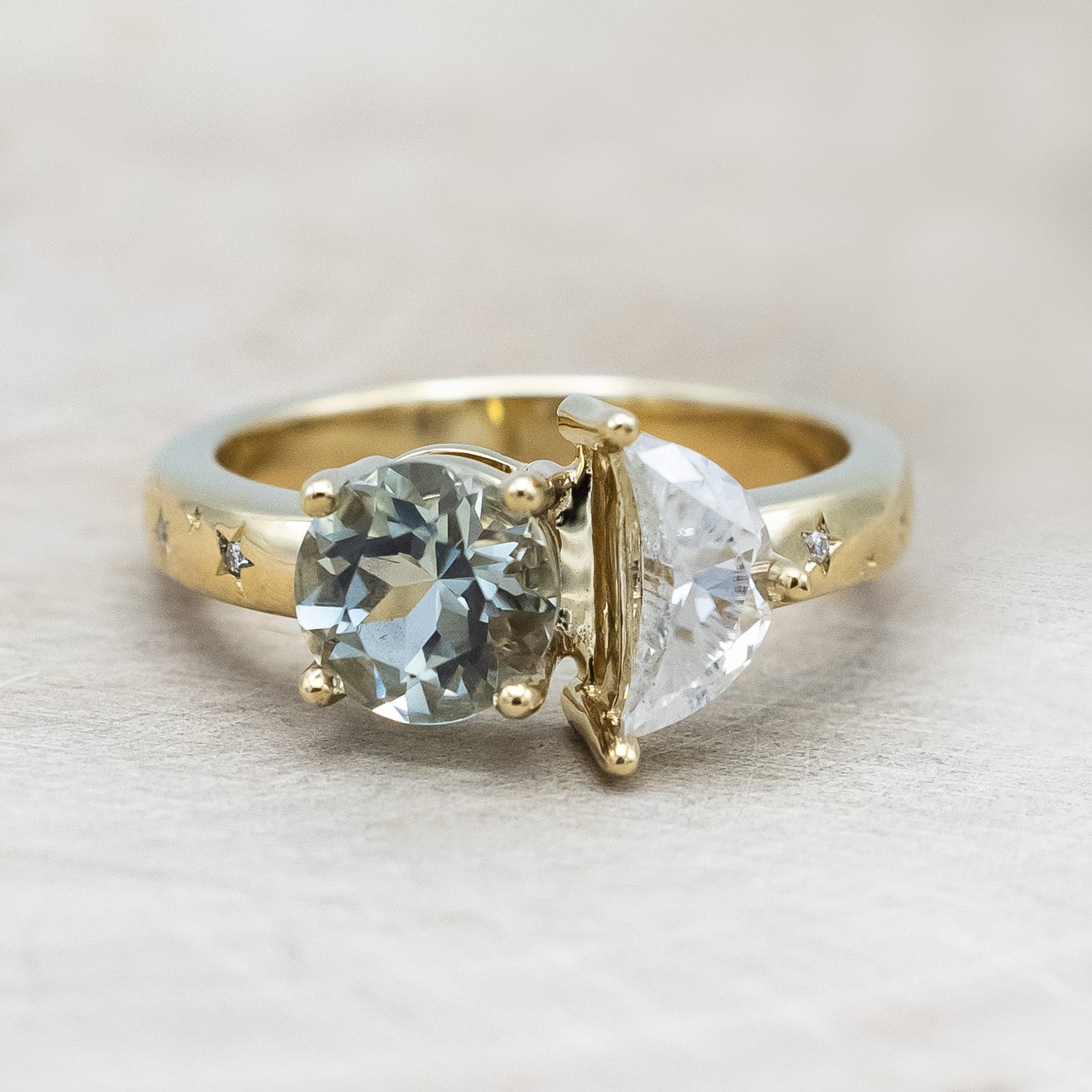 "Sidra" - toi et moi round cut green prasiolite women's engagement ring with a crescent moon moissanite accent