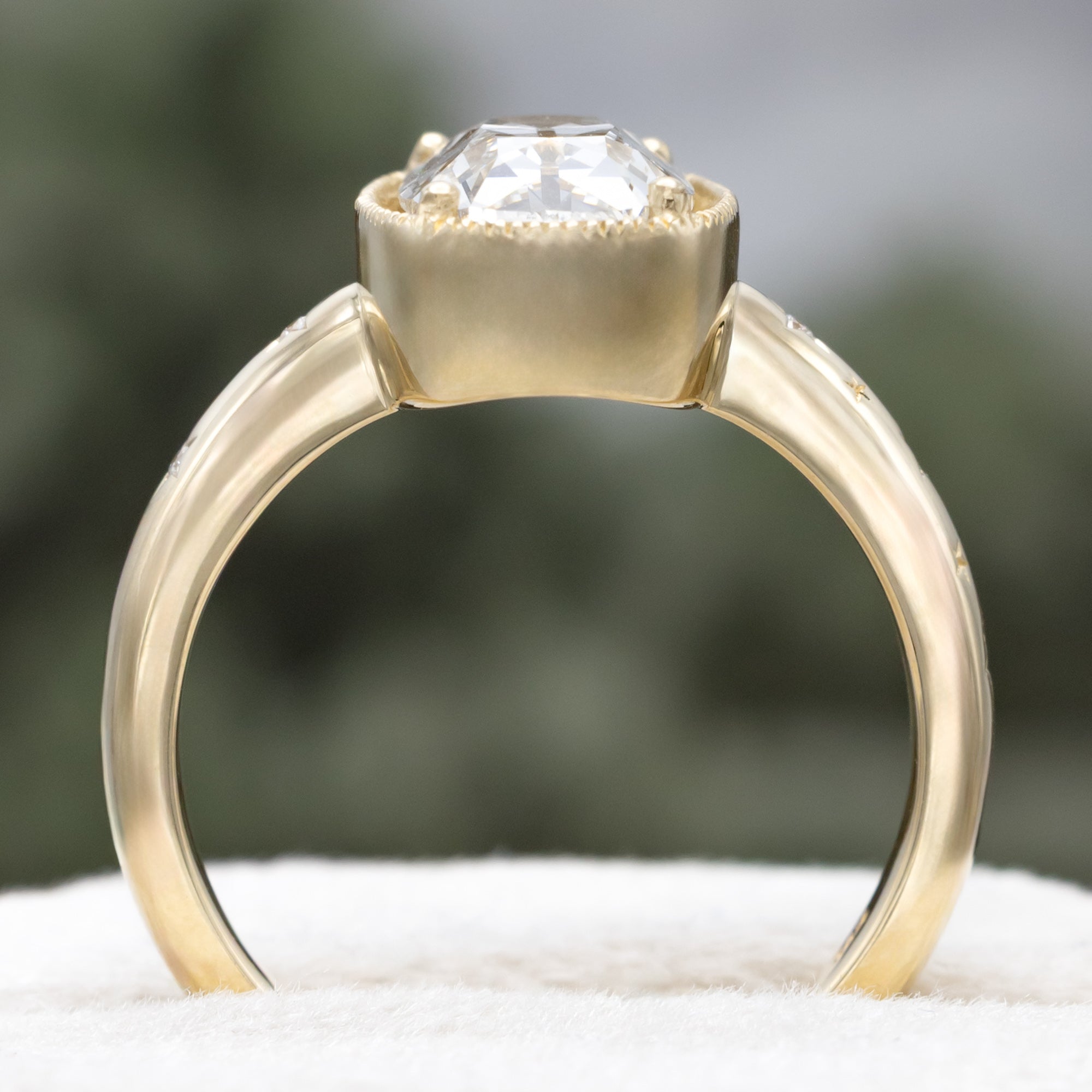 Gold ring with a lab diamond center stone and diamond accents on the band against a blurred green background