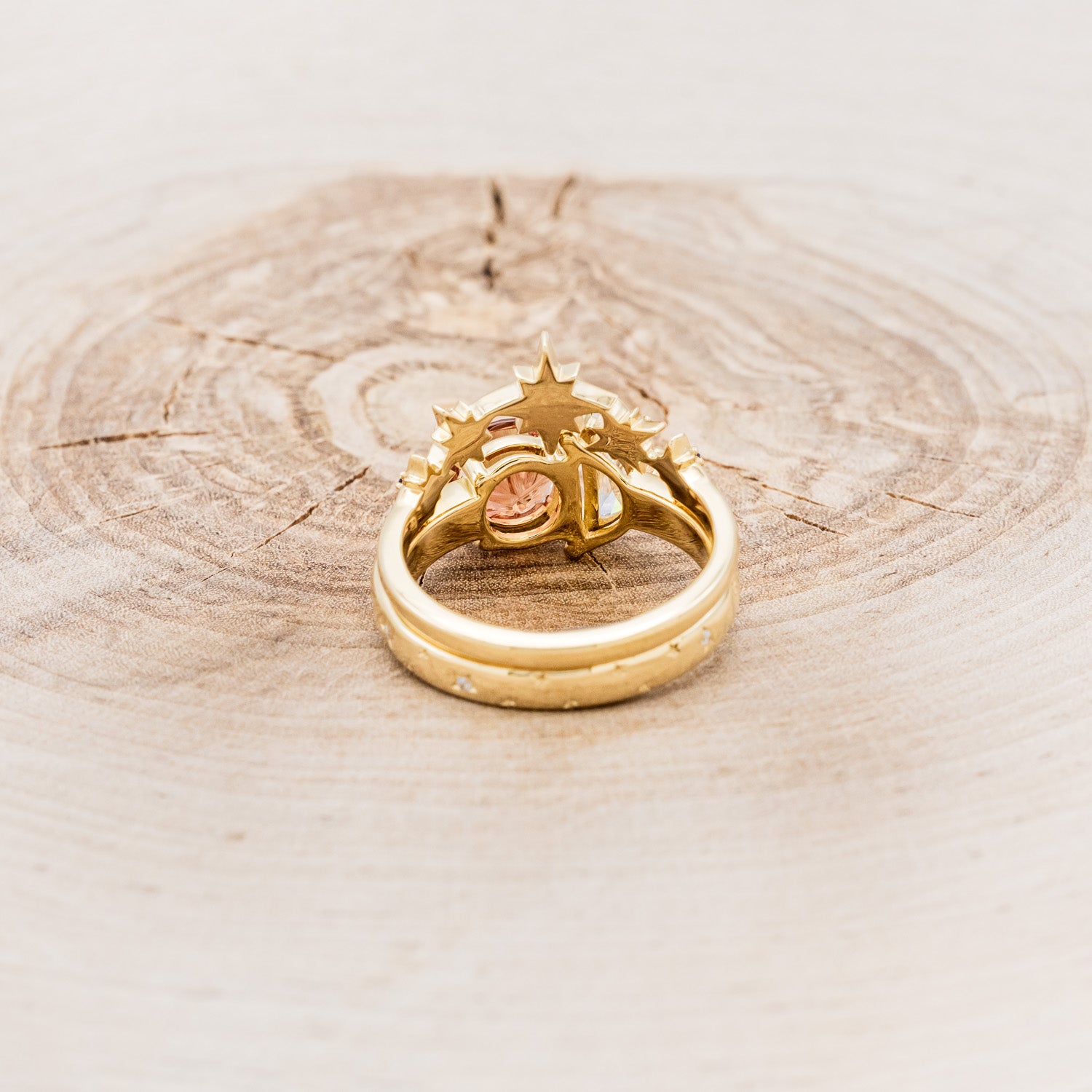 "SIDRA" - TOI ET MOI ROUND OREGON SUNSTONE ENGAGEMENT RING WITH A CRESCENT MOON MOISSANITE ACCENT & TRACER-5