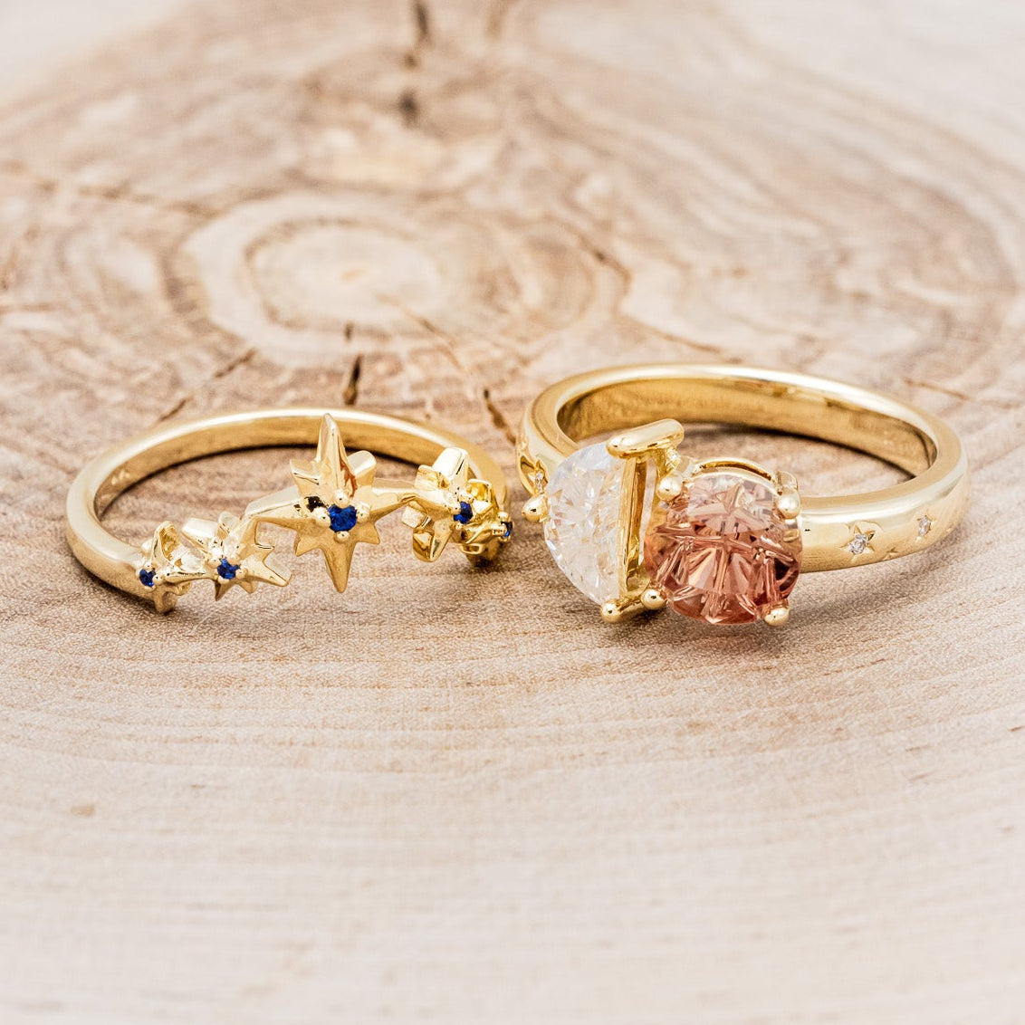 "SIDRA" - TOI ET MOI ROUND OREGON SUNSTONE ENGAGEMENT RING WITH A CRESCENT MOON MOISSANITE ACCENT & TRACER-6