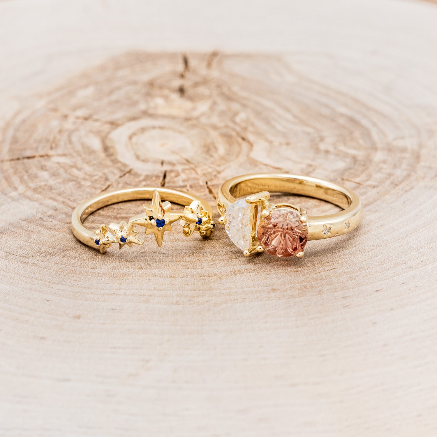 "SIDRA" - TOI ET MOI ROUND OREGON SUNSTONE ENGAGEMENT RING WITH A CRESCENT MOON MOISSANITE ACCENT & TRACER-6
