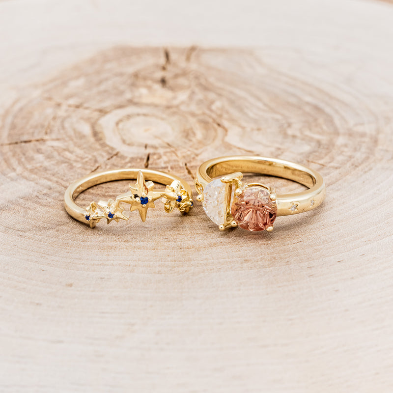 "SIDRA" - TOI ET MOI ROUND OREGON SUNSTONE ENGAGEMENT RING WITH A CRESCENT MOON MOISSANITE ACCENT & TRACER