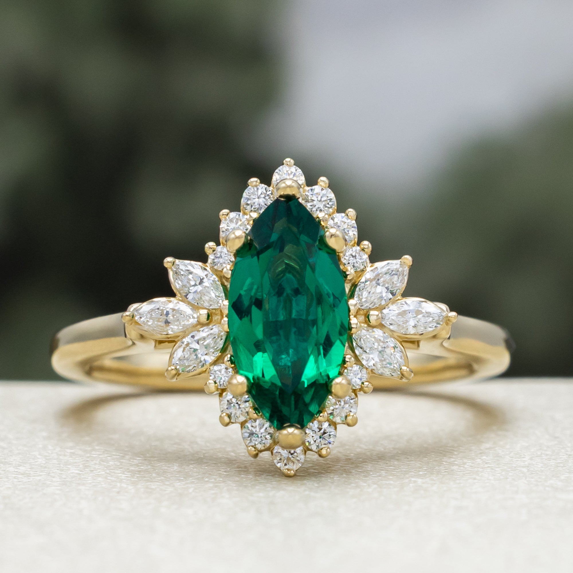 "SKYLAR" - MARQUISE CUT LAB-GROWN EMERALD ENGAGEMENT RING WITH DIAMOND HALO-Staghead Designs