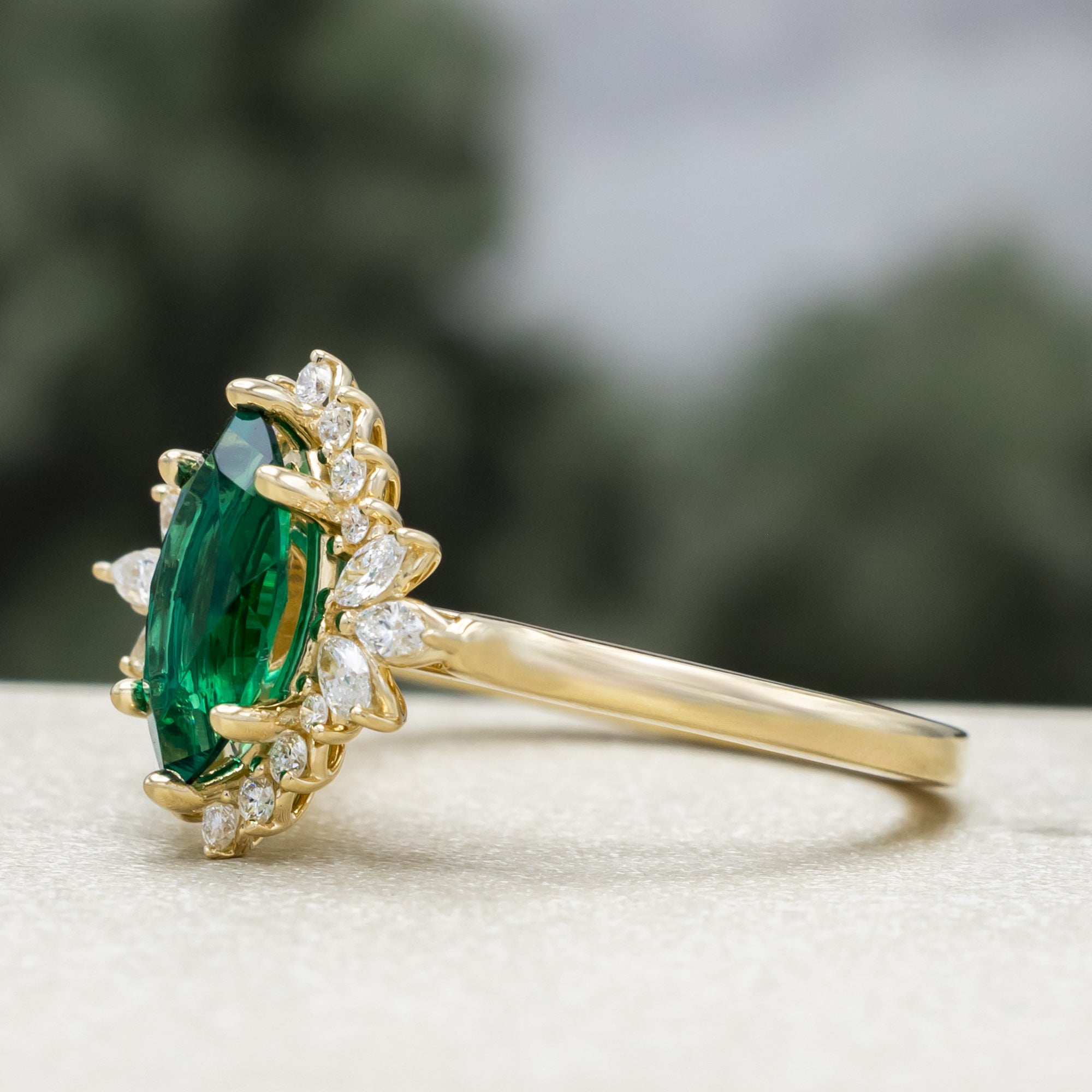 "SKYLAR" - MARQUISE CUT LAB-GROWN EMERALD ENGAGEMENT RING WITH DIAMOND HALO-Staghead Designs