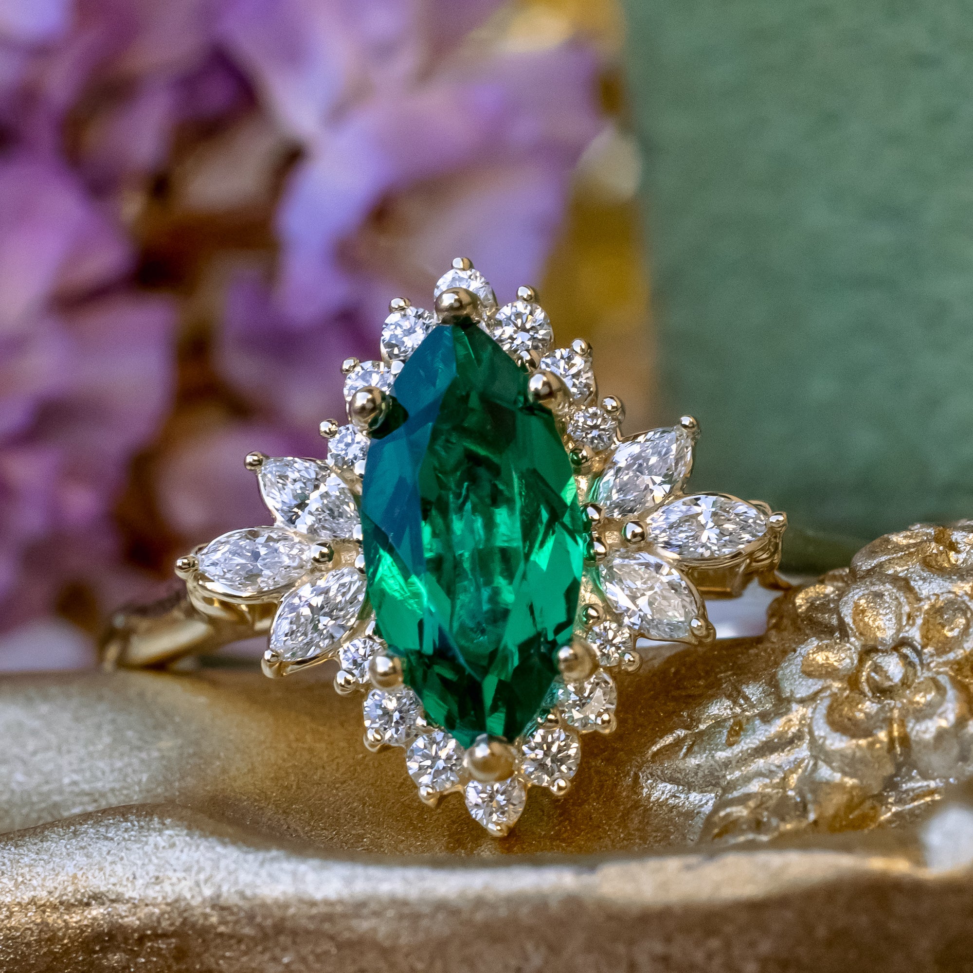 "SKYLAR" - MARQUISE CUT LAB-GROWN EMERALD ENGAGEMENT RING WITH DIAMOND HALO-Staghead Designs