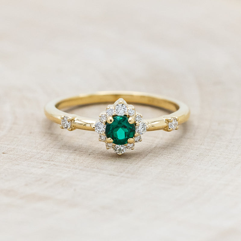 "STARLA" - ROUND CUT LAB-GROWN EMERALD ENGAGEMENT RING WITH STARBURST DIAMOND HALO-Staghead Designs