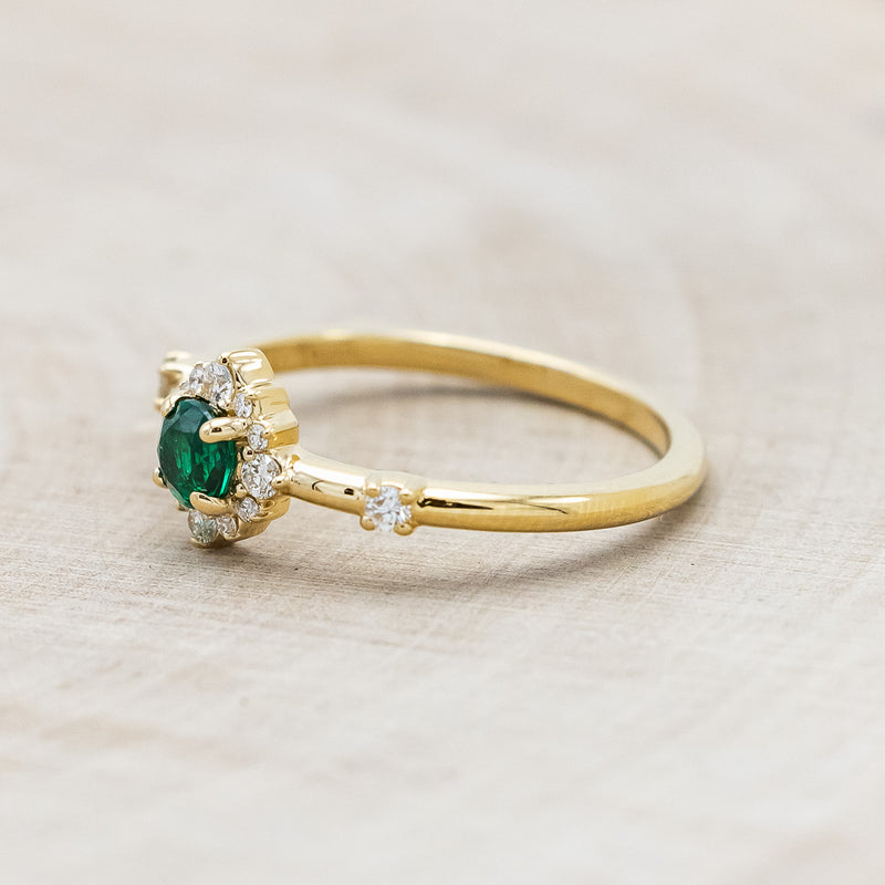 "STARLA" - ROUND CUT LAB-GROWN EMERALD ENGAGEMENT RING WITH STARBURST DIAMOND HALO-Staghead Designs