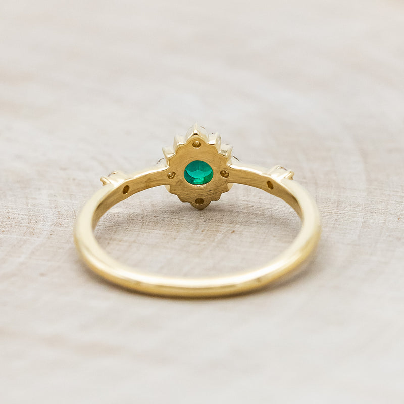 "STARLA" - ROUND CUT LAB-GROWN EMERALD ENGAGEMENT RING WITH STARBURST DIAMOND HALO-Staghead Designs