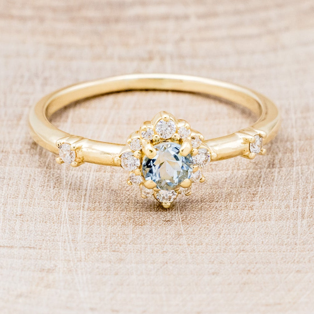 "STARLA" - ROUND CUT AQUAMARINE ENGAGEMENT RING WITH STARBURST DIAMOND HALO & TRACER-9