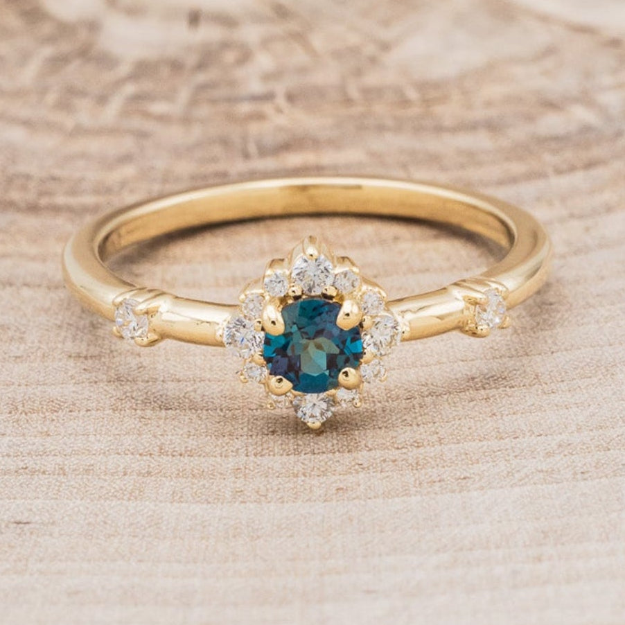 "STARLA" - ROUND CUT LAB-GROWN ALEXANDRITE ENGAGEMENT RING WITH STARBURST DIAMOND HALO-16