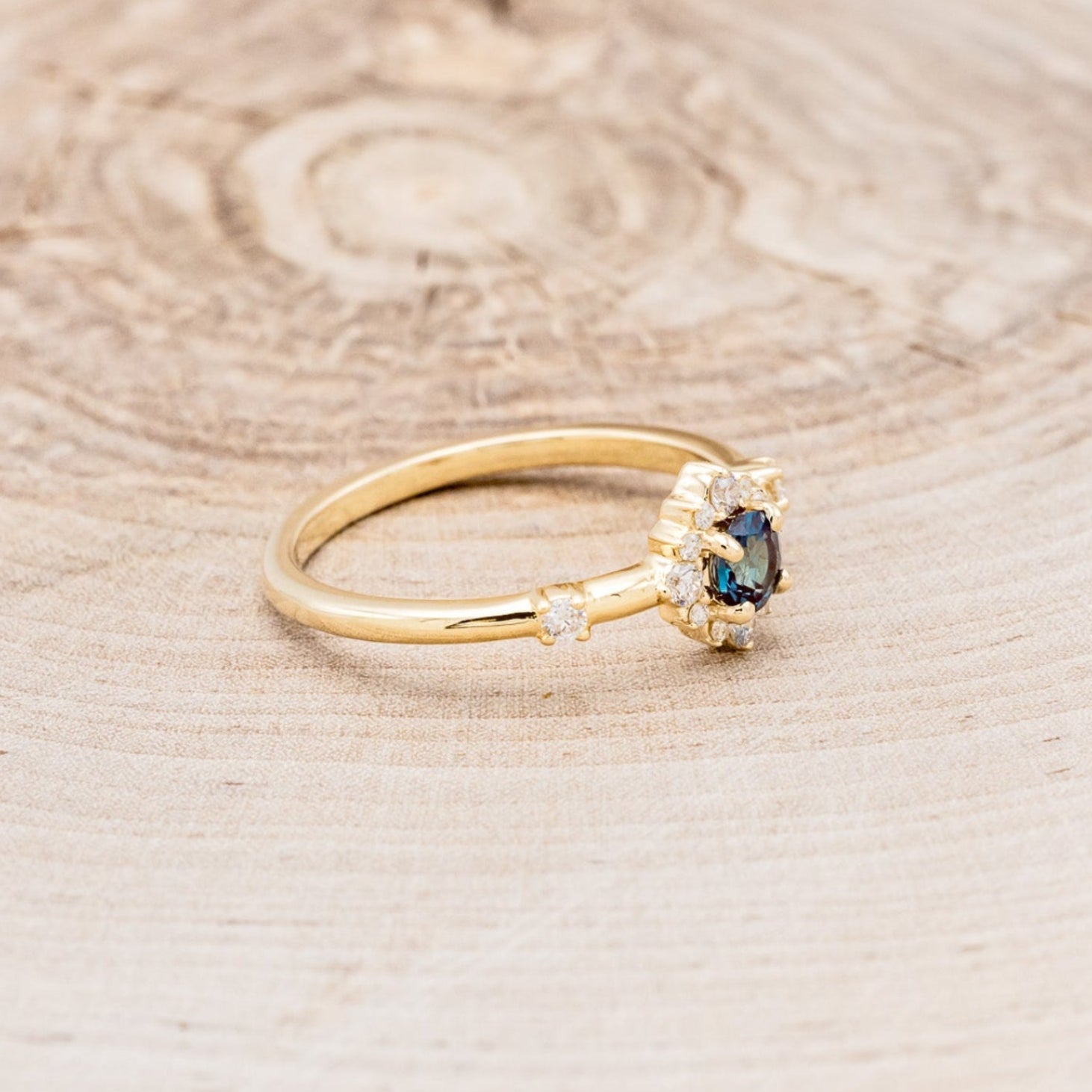 "STARLA" - ROUND CUT LAB-GROWN ALEXANDRITE ENGAGEMENT RING WITH STARBURST DIAMOND HALO-14