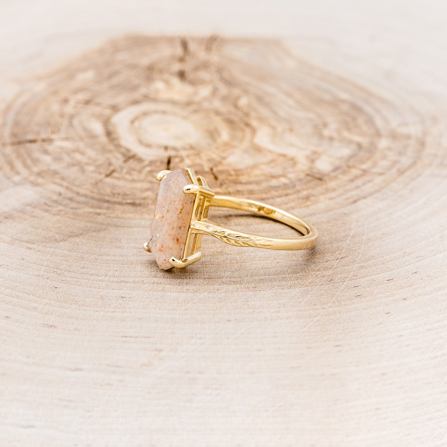 "HOPE" - SOLITAIRE ENGAGEMENT RING WITH FEATHER ACCENTS - SHOWN WITH ROUND MEDEINA GREEN MOISSANITE - SELECT YOUR OWN STONE-4