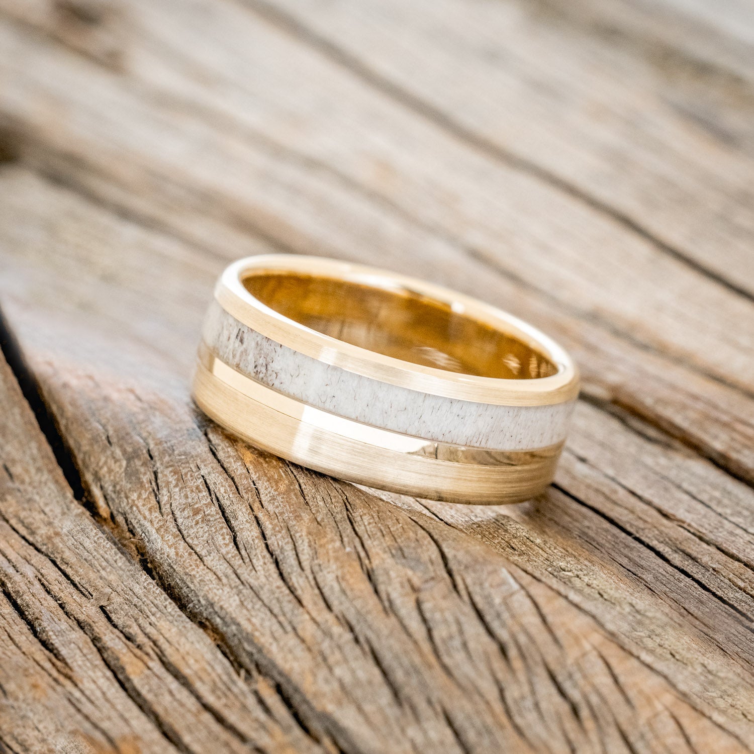"TANNER" - ANTLER & 14K GOLD INLAY WEDDING BAND WITH A BRUSHED FINISH-11