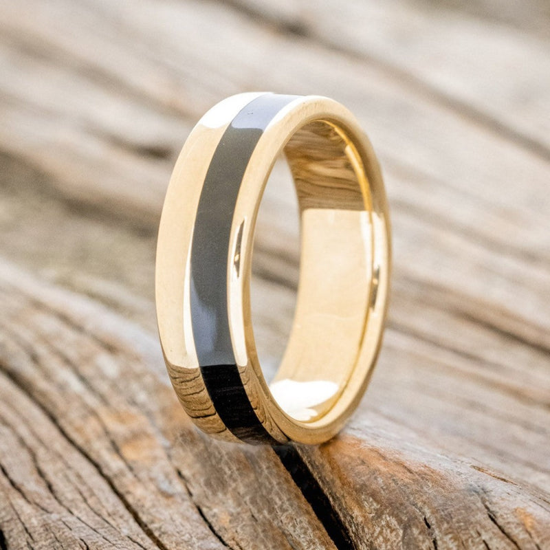 "TANNER" - BLACK ACRYLIC INLAY WEDDING RING FEATURING A 14K GOLD BAND-1